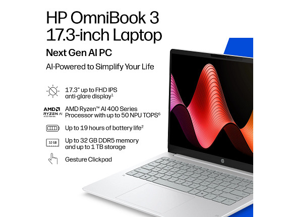 HP OmniBook 3 Laptop Computer 17.3″ FHD AMD Ryzen 16 GB memory;1 TB SSD Windows