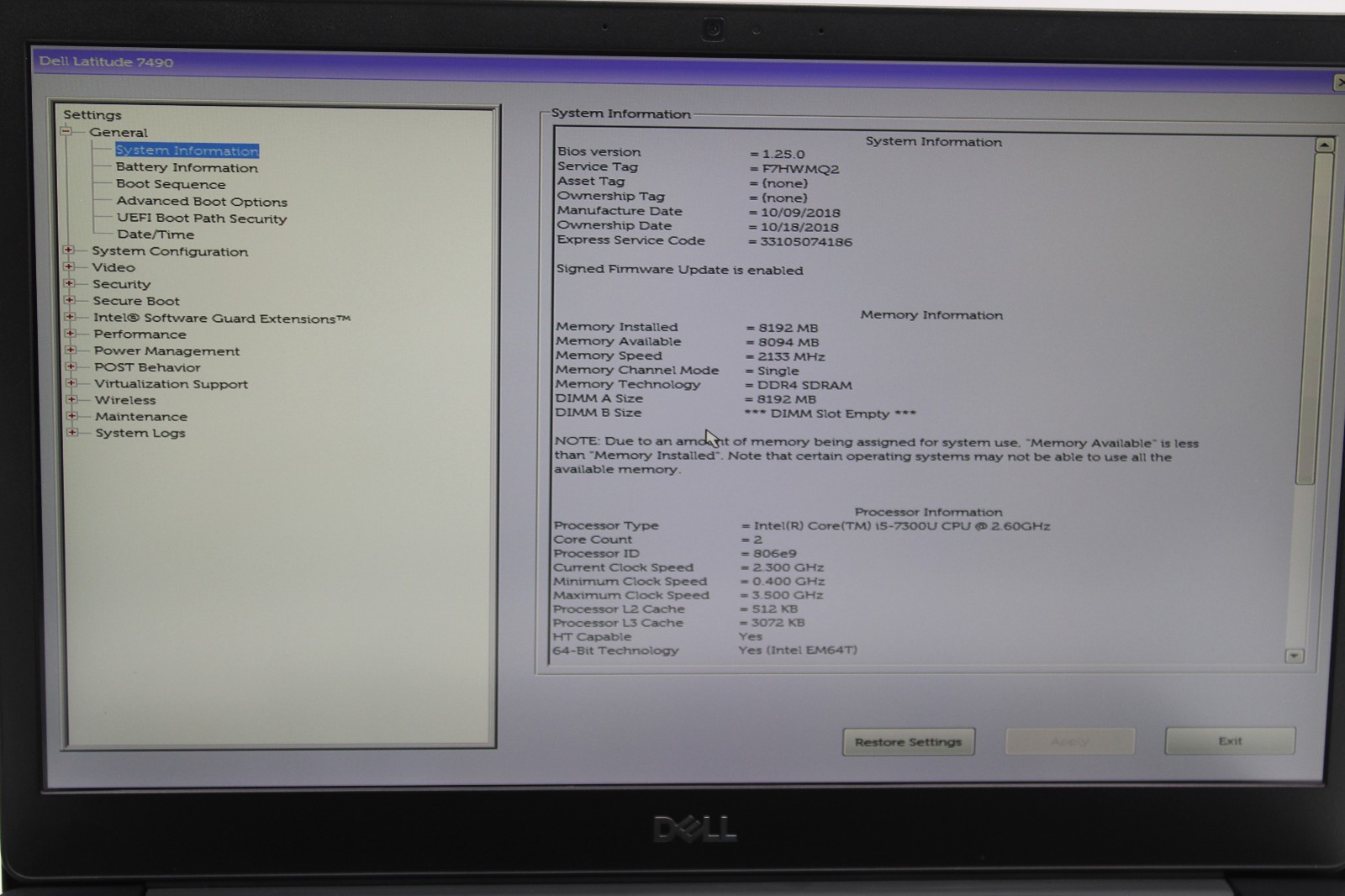 Dell Latitude 7490 i5-7300U @ 2.6 GHz 8GB RAM 256GB SSD No OS