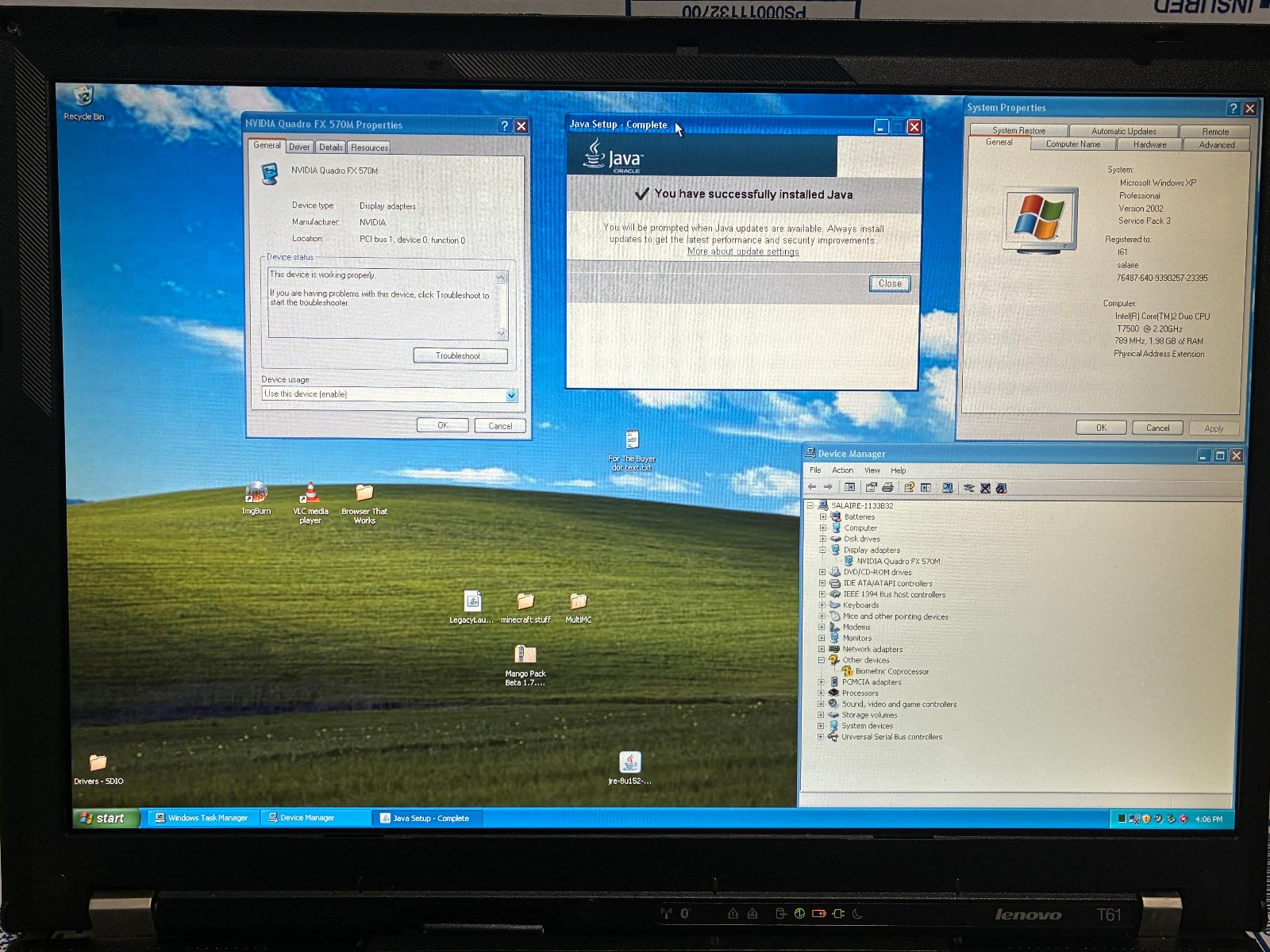 ThinkPad T61 WSXGA+ WinXP Nvidia Quadro FX 570M T7500 2.2ghz 2GB RAM