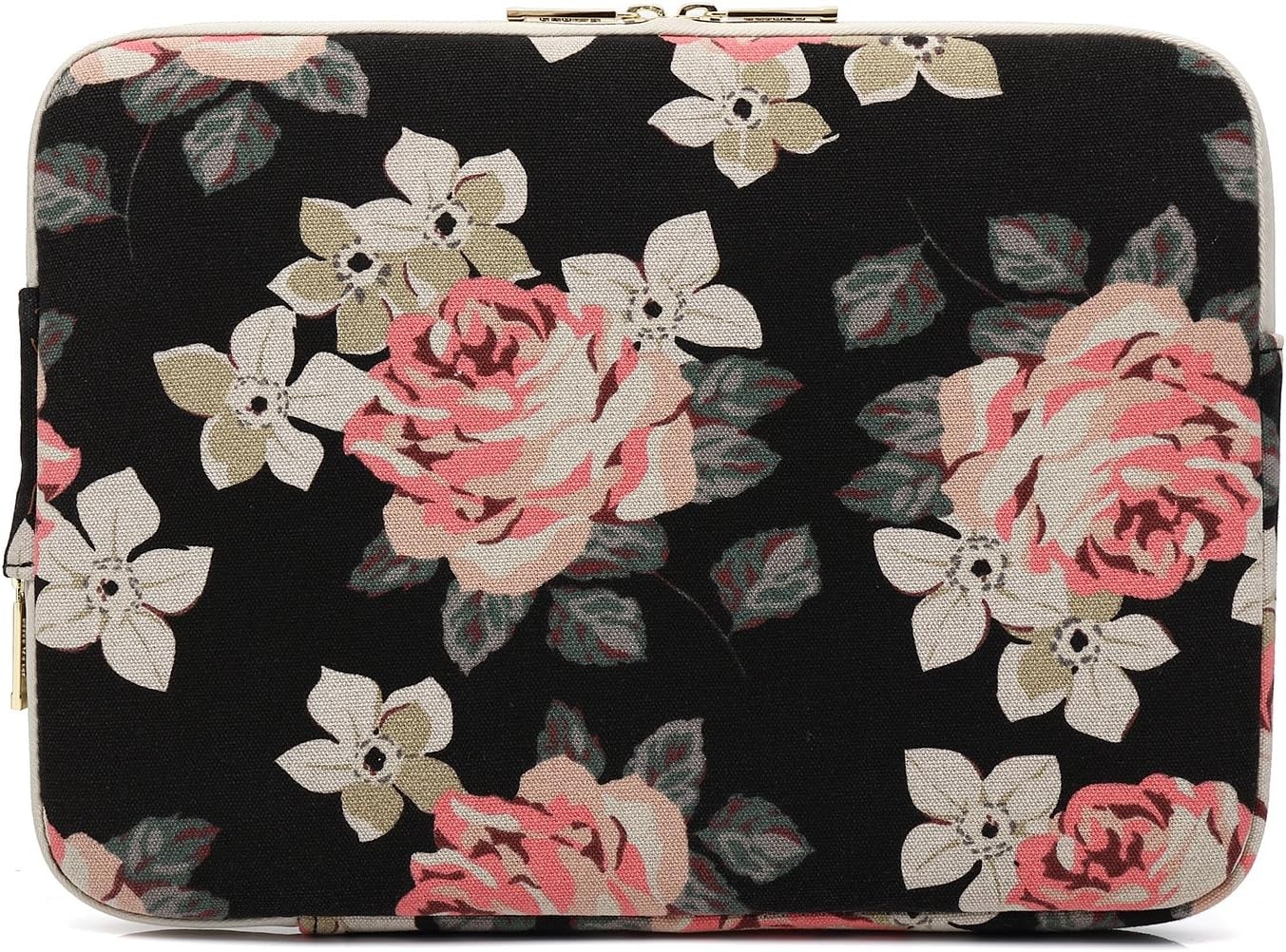 Black Rose Patten Canvas Water-Resistant 17 Inch Laptop Sleeve for Laptops