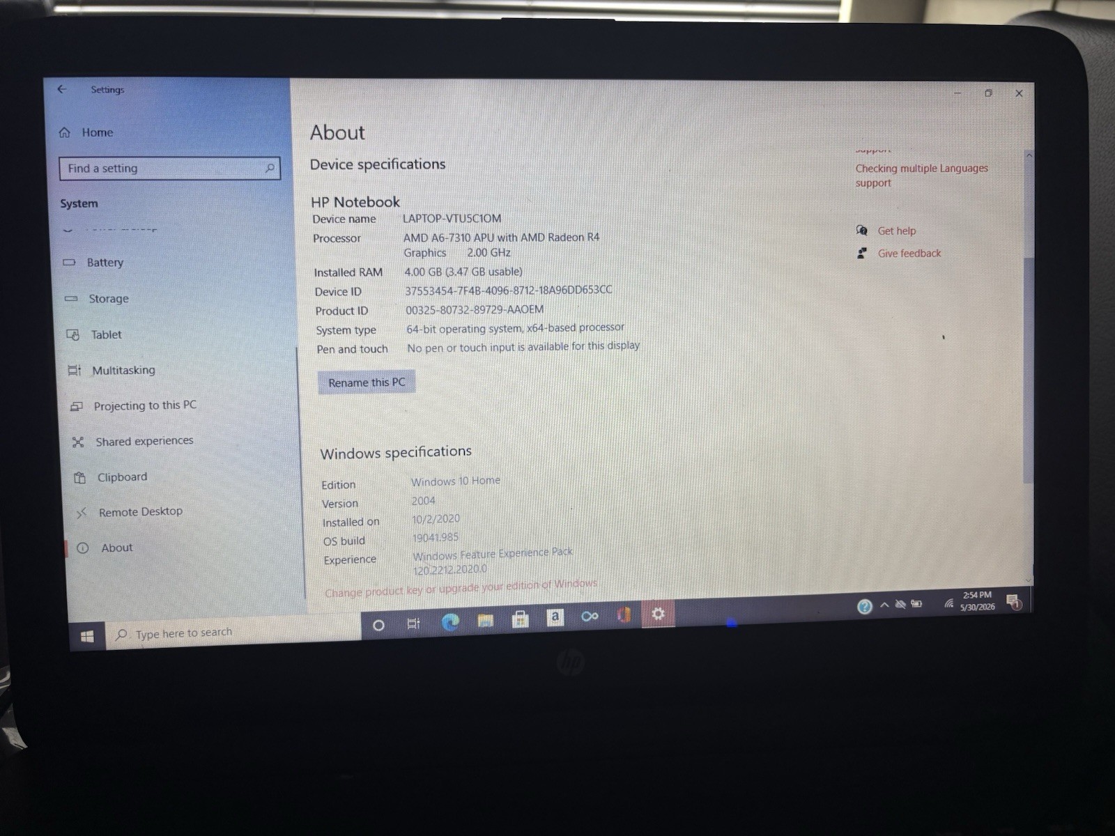 HP Notebook 15.6in AMD A6 2.00GHz 4GB Win10 Home Radeon R4 Webcam Black