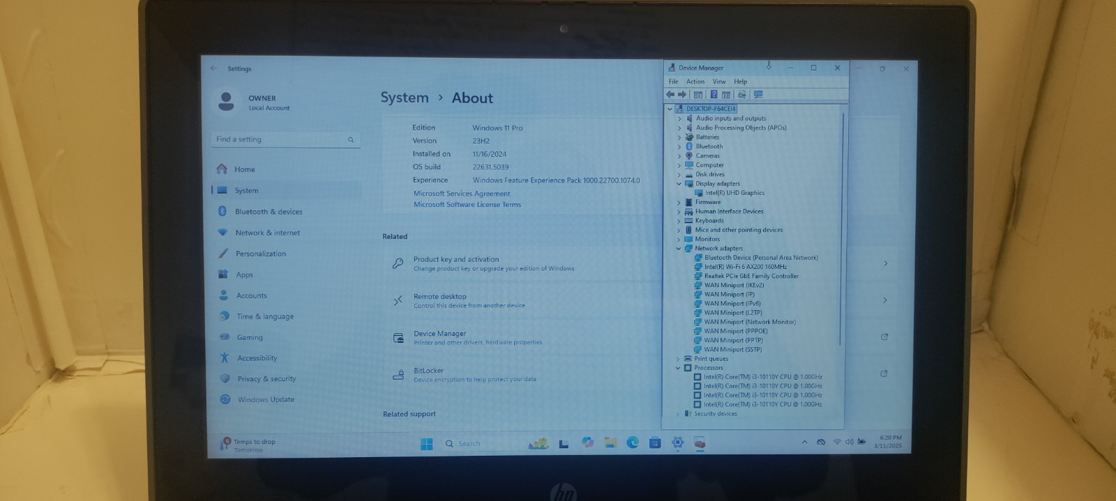 HP ProBook X360 11 G6 EE 2 in 1 Laptop/Tablet intel i3-10110Y 8 GB RAM 256GB M.2
