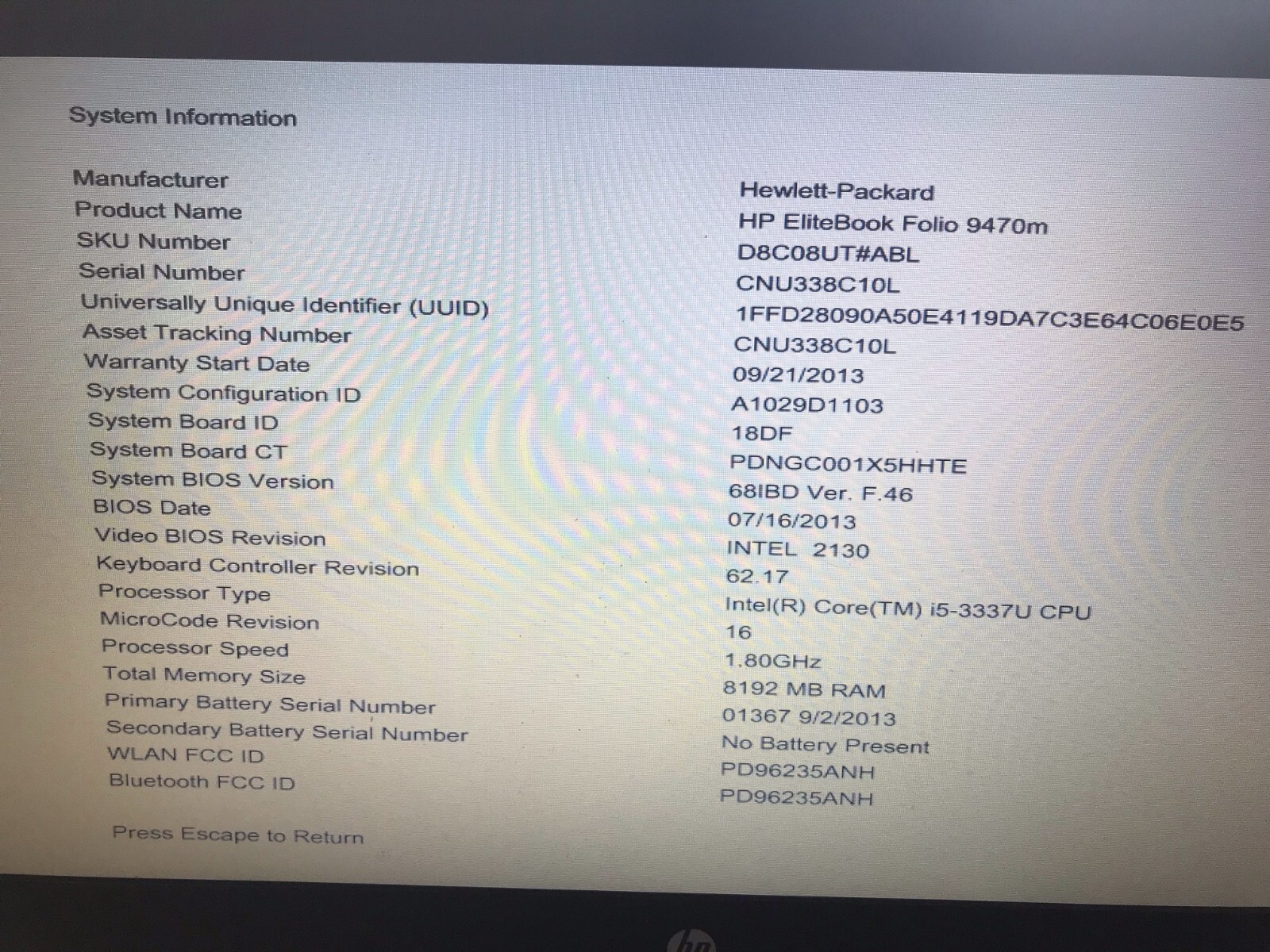 HP ELITE BOOK FOLIO 9470M/ I5-3337U/ 1.8 GHZ/ 8 GB RAM/ NO HDD/ WITH CADDY