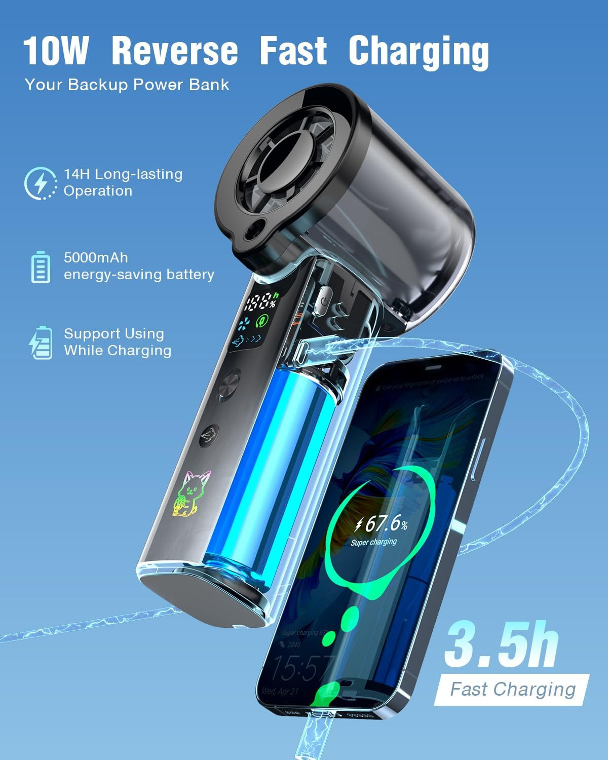 Doge&Vollar 4-in-1 Misting Portable Fan, 5000mAh 30H Max Runtime, 1-100 Speed Tu