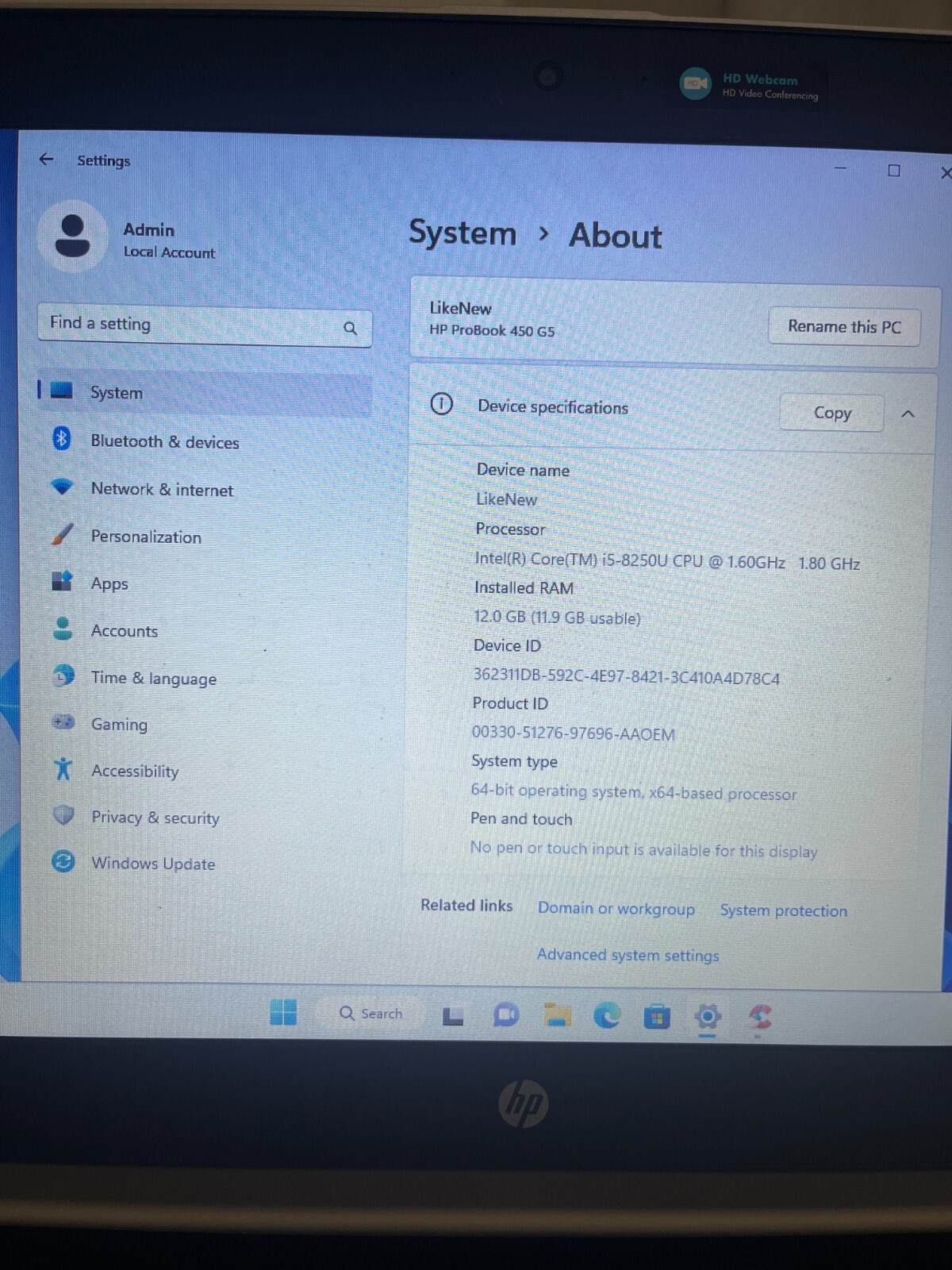 HP ProBook 450 G5, 500GB, 12GB RAM, Win 11 Pro, Intel Core i5 8250U, top conditi