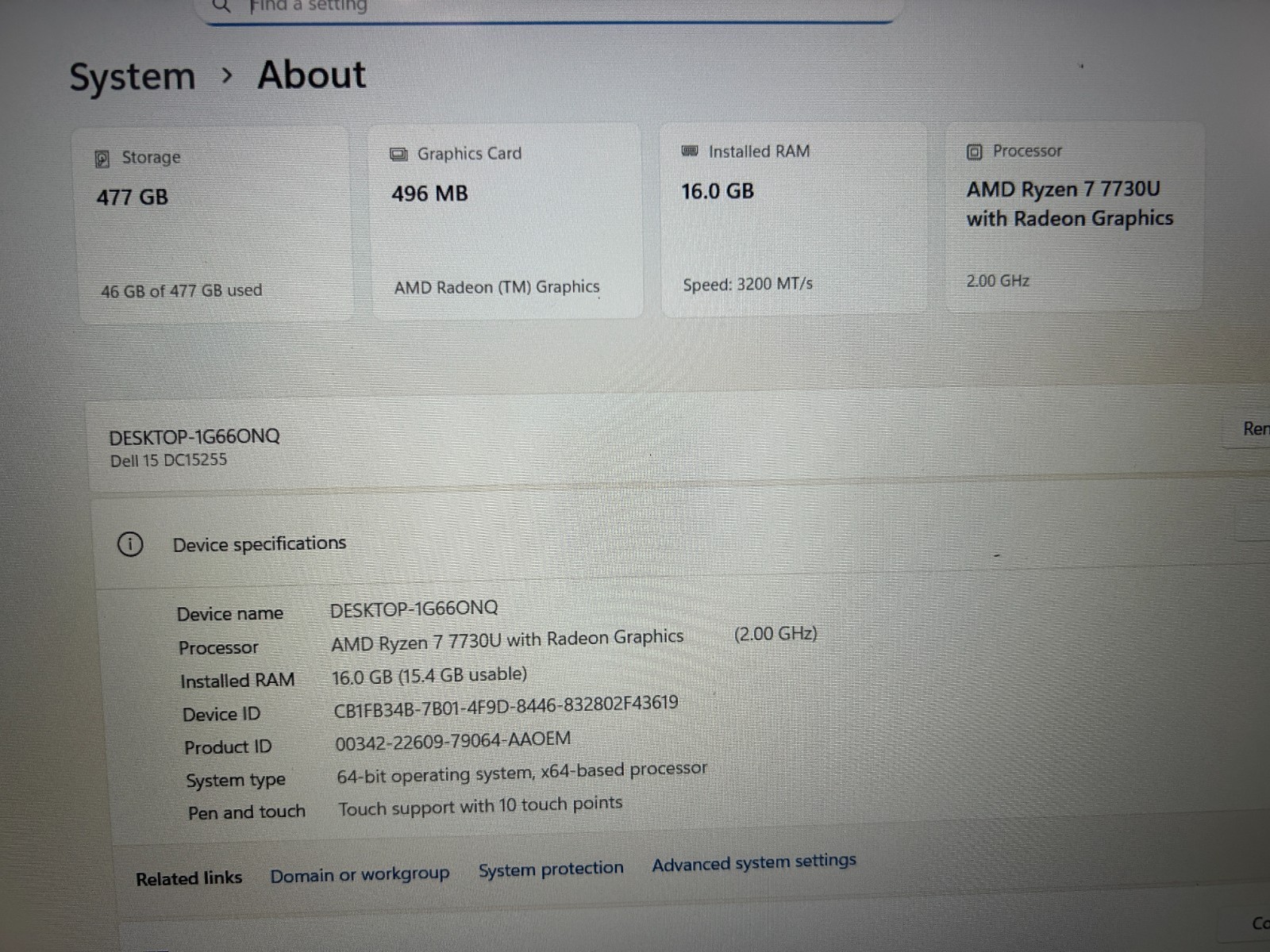DELL 16 DC16250 MRYT3, AMD Ryzen 7 7730U, 2.00 GHz, 16 GB RAM, 512 GB NVMe SSD