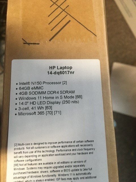 HP Laptop 14-dq6017nr 14″ HD Intel N150 4 GB ram 64 GB ssd “Win 11 -S” MS 365