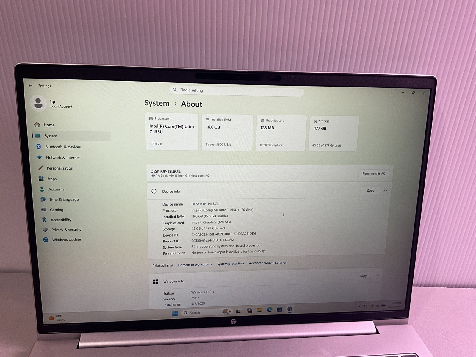 HP ProBook 460 G11 16″ – Intel Core Ultra 7 155U 16GB RAM 512GB SSD WIN11#72
