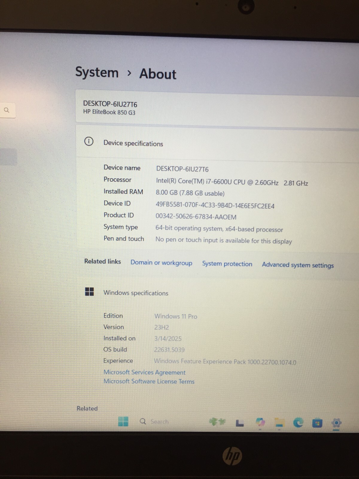 HP Elitebook 850 G3 15.6 Core i7 6th gen 2.60 GHz 8 GB RAM 256 GB SSD
