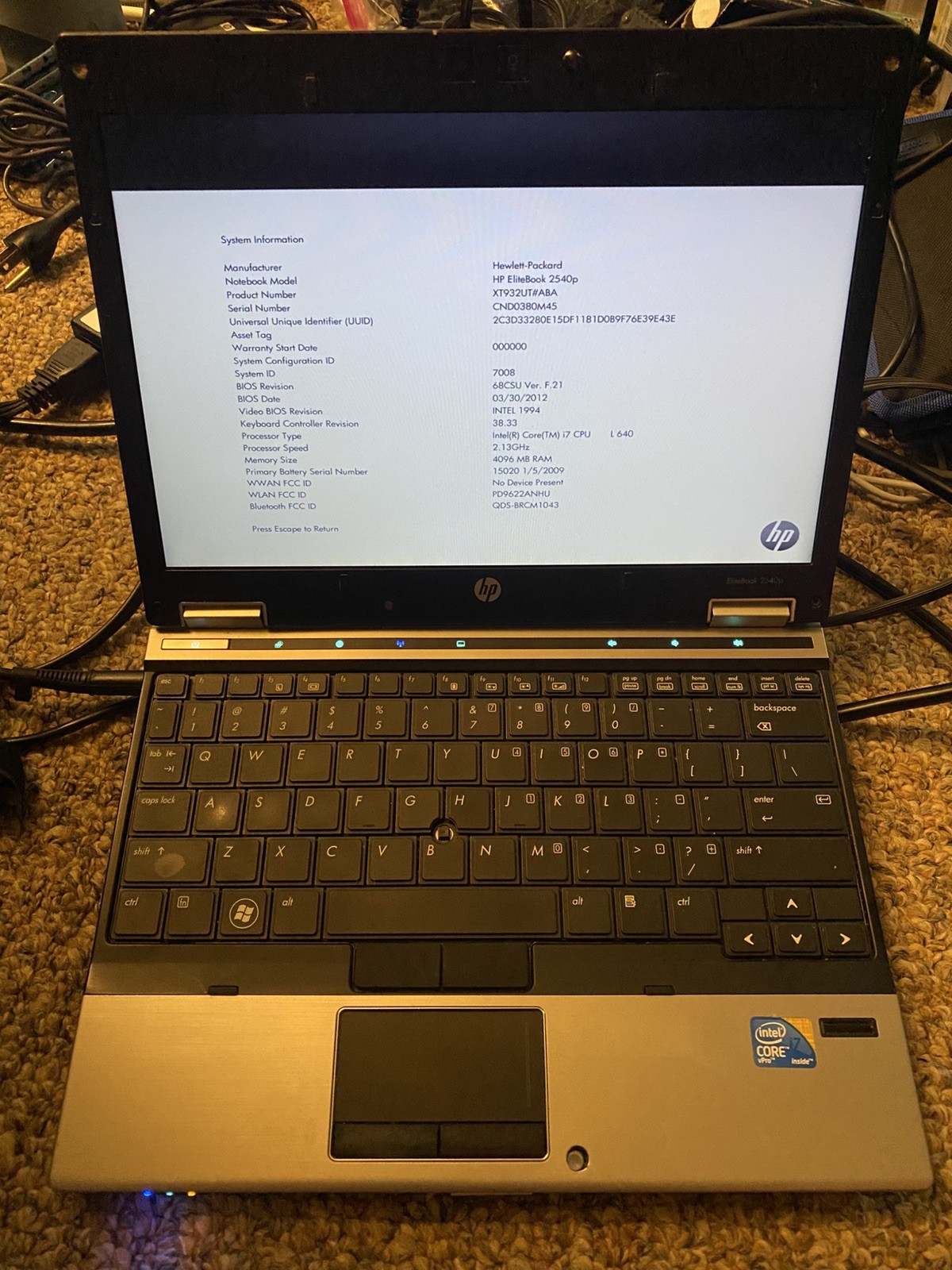 HP Elitebook 2540p Laptop Intel i7-L640 2.13GHz 4gb RAM no HDD – READ