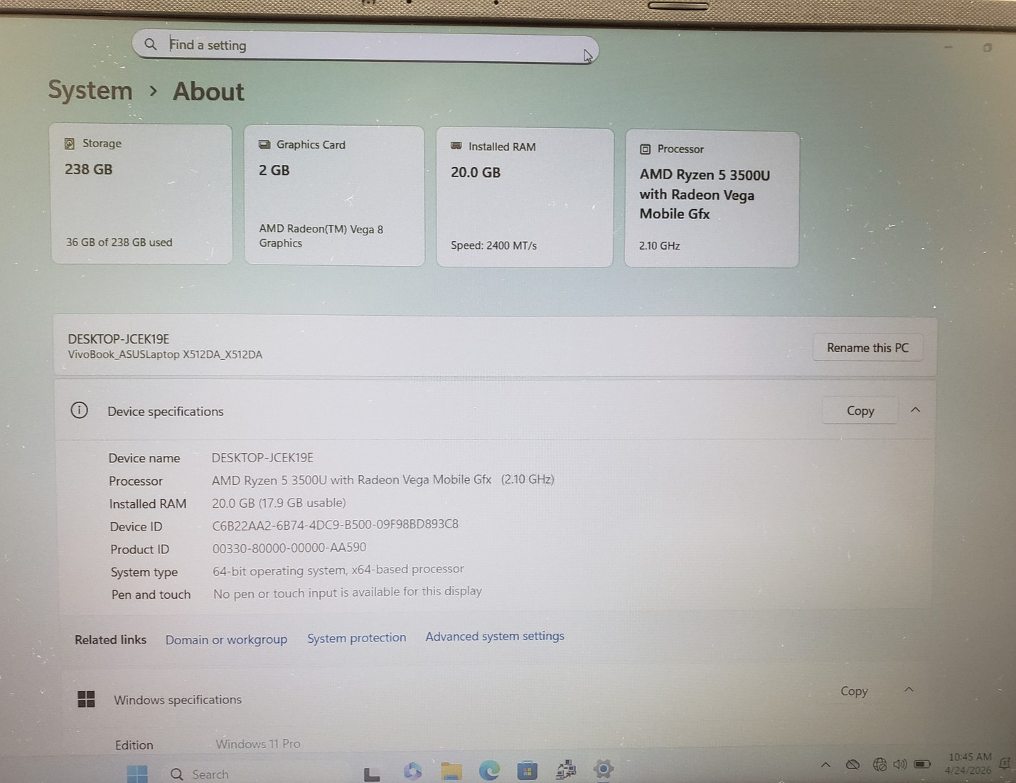 ASUS VivoBook X512DA Laptop PC AMD Ryzen 5 3500U 20GB Ram 256GB SSD, Win 11 Pro