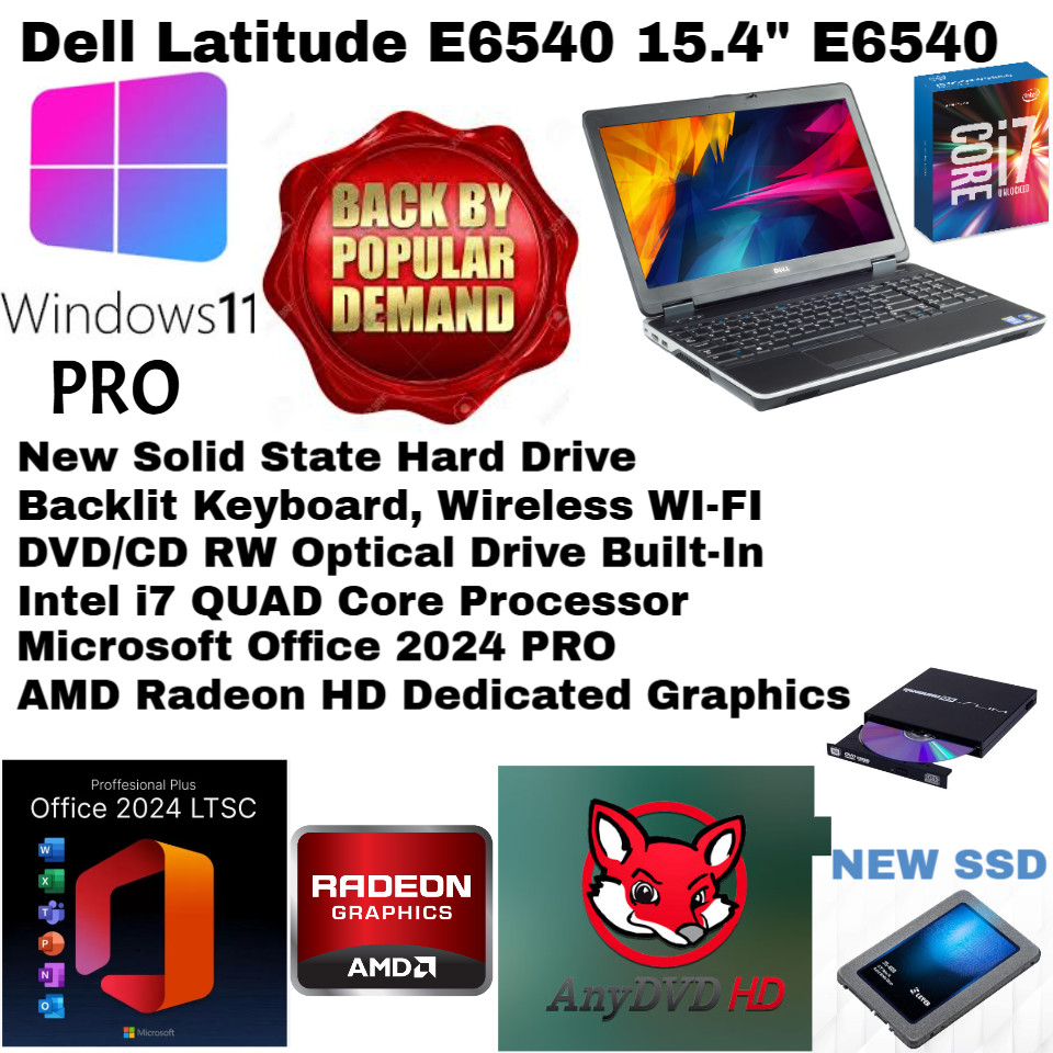 Dell E6540_WIN11💥New 1TB SSD💻i7 QUAD/AMD 💻BACKLIT_DVD/CD💥Office 2024 PRO