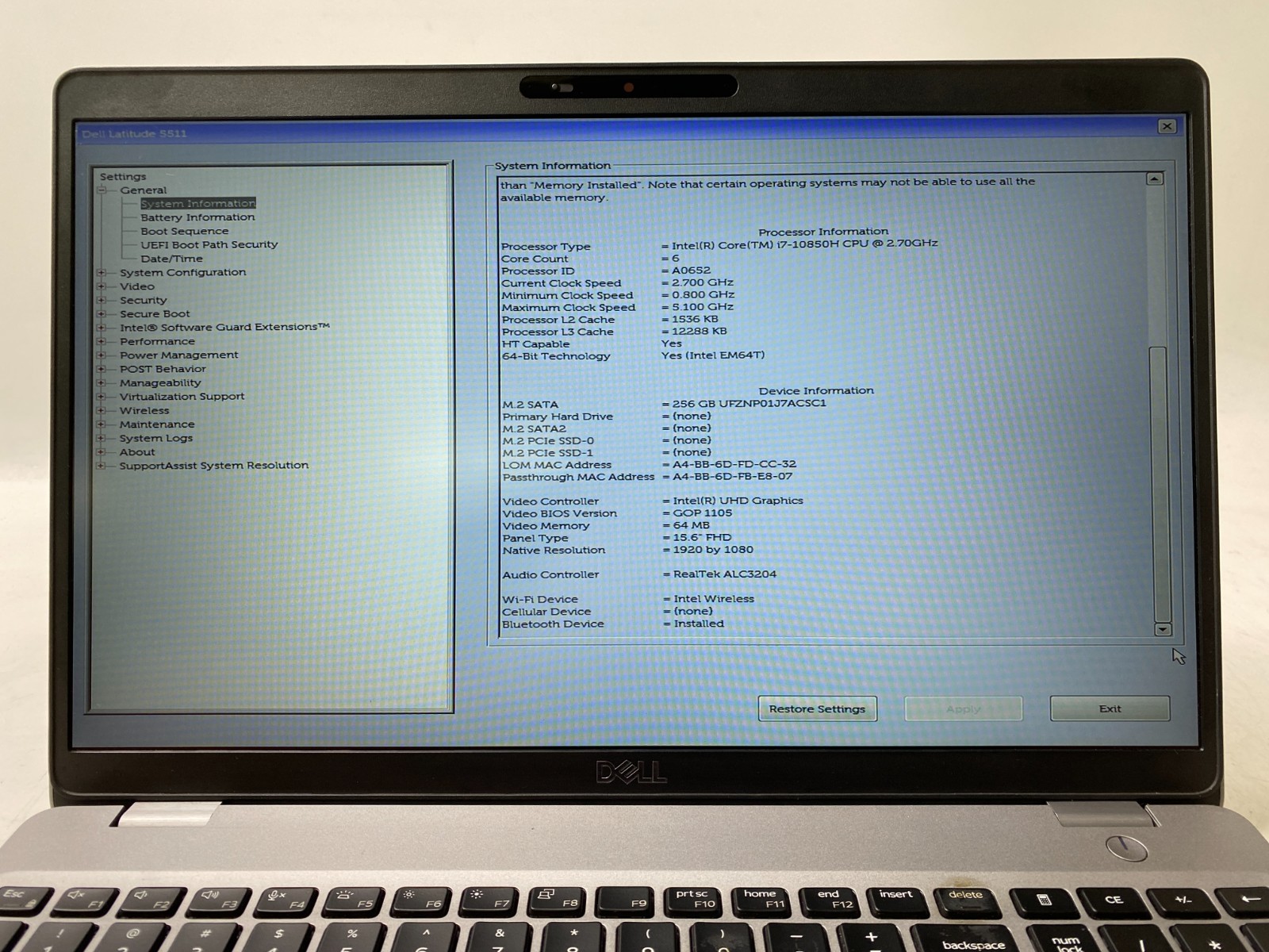 Dell Latitude 5511 15.6″ i7 16GB DDR4 256GB SSD MX250 Win11H- 50% Battery PARTS