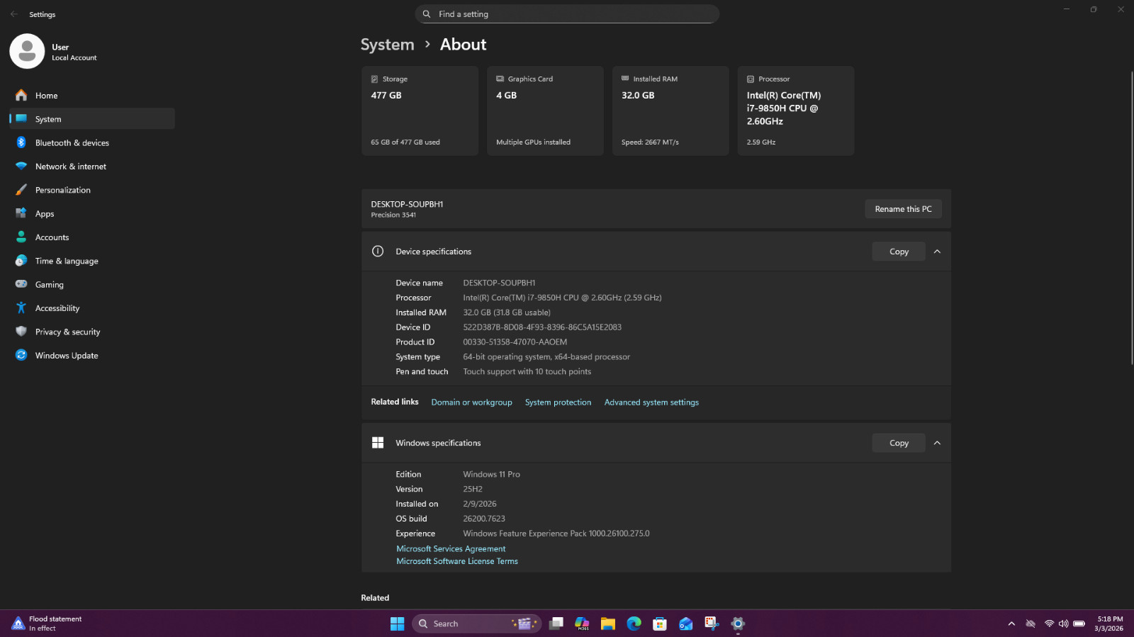 Dell Precision 3541 Mobile Workstation Intel(R) Core(TM)i7-9850H CPU @2.6 GHz 41