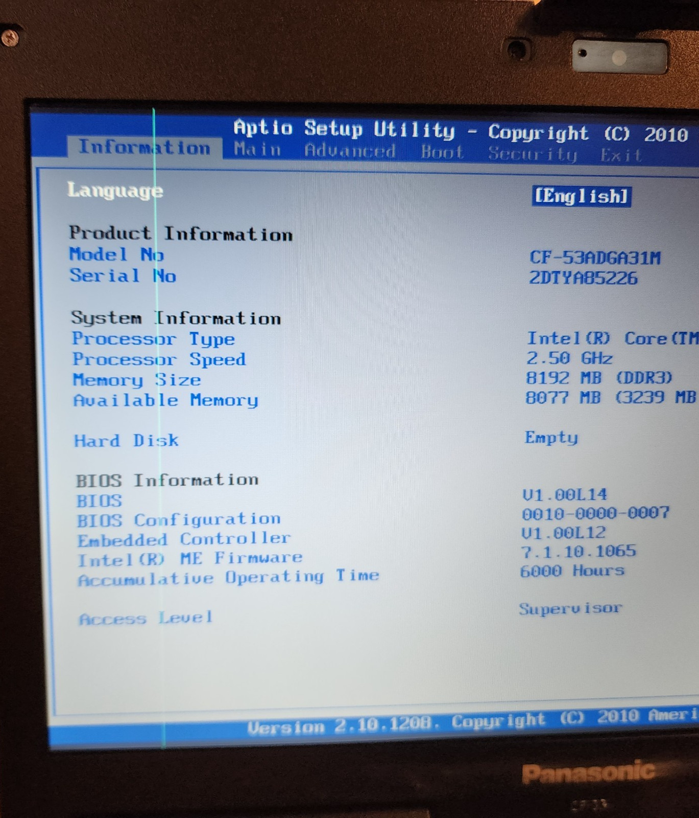Panasonic Toughbook CF-53 14” Core i5 No HDD 8GB RAM LTE DVD Laptop