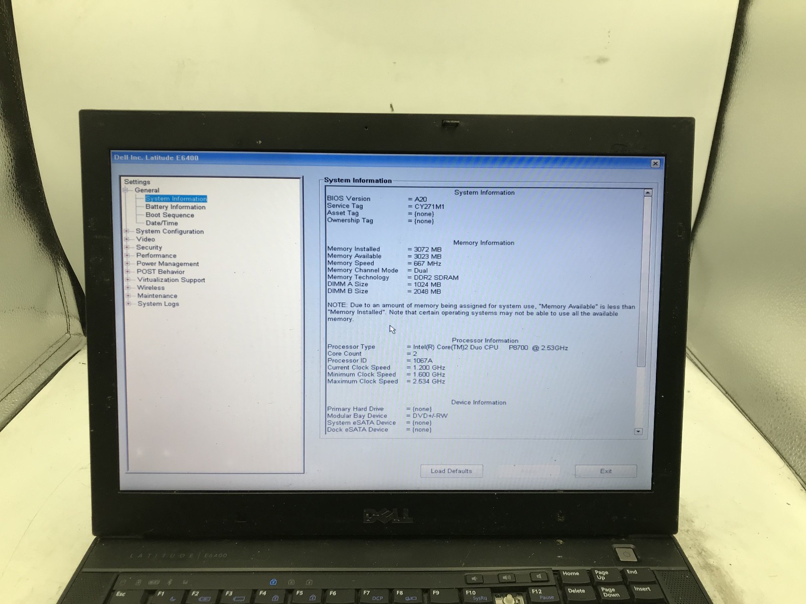 DELL LATITUDE E6400 – BOOTS TO BIOS – INTEL 2 DUO P8700 – 3GB RAM – READ DESC-BB