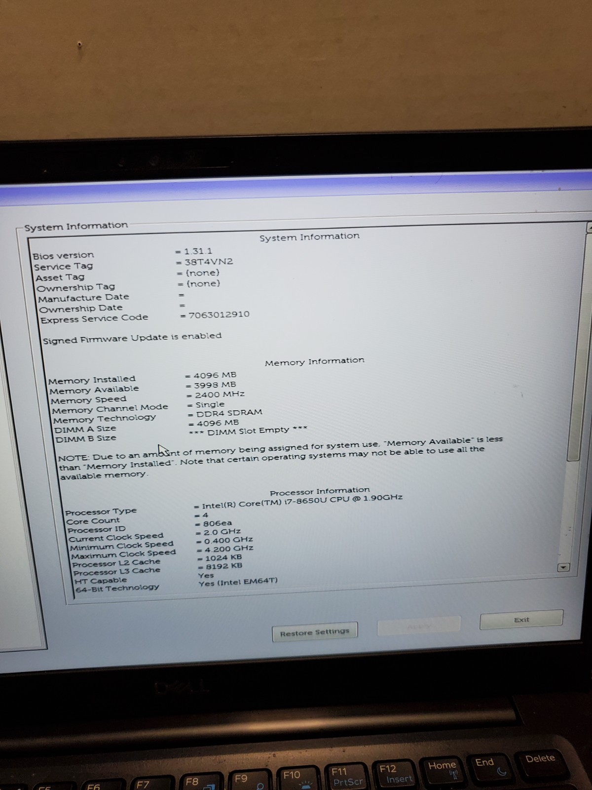 Dell Latitude 7390 12.5” i7-8650U 1.9GHz 4GB RAM No SSD/OS! READ! #69