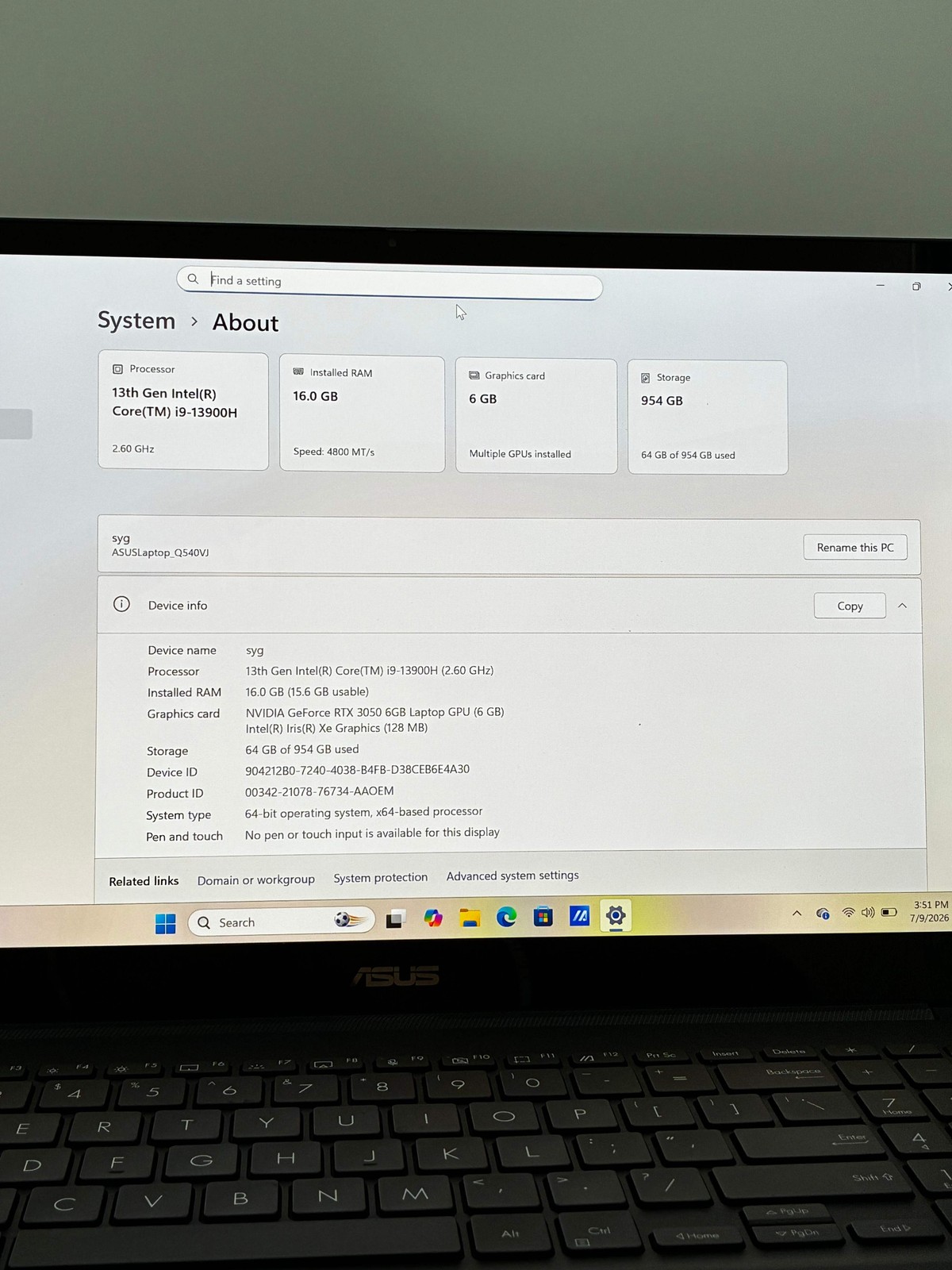 Asus QV540VJ 16-inch Core i9 10th Gen 16GB RAM 1TB RTX 3050 Laptop – Used B
