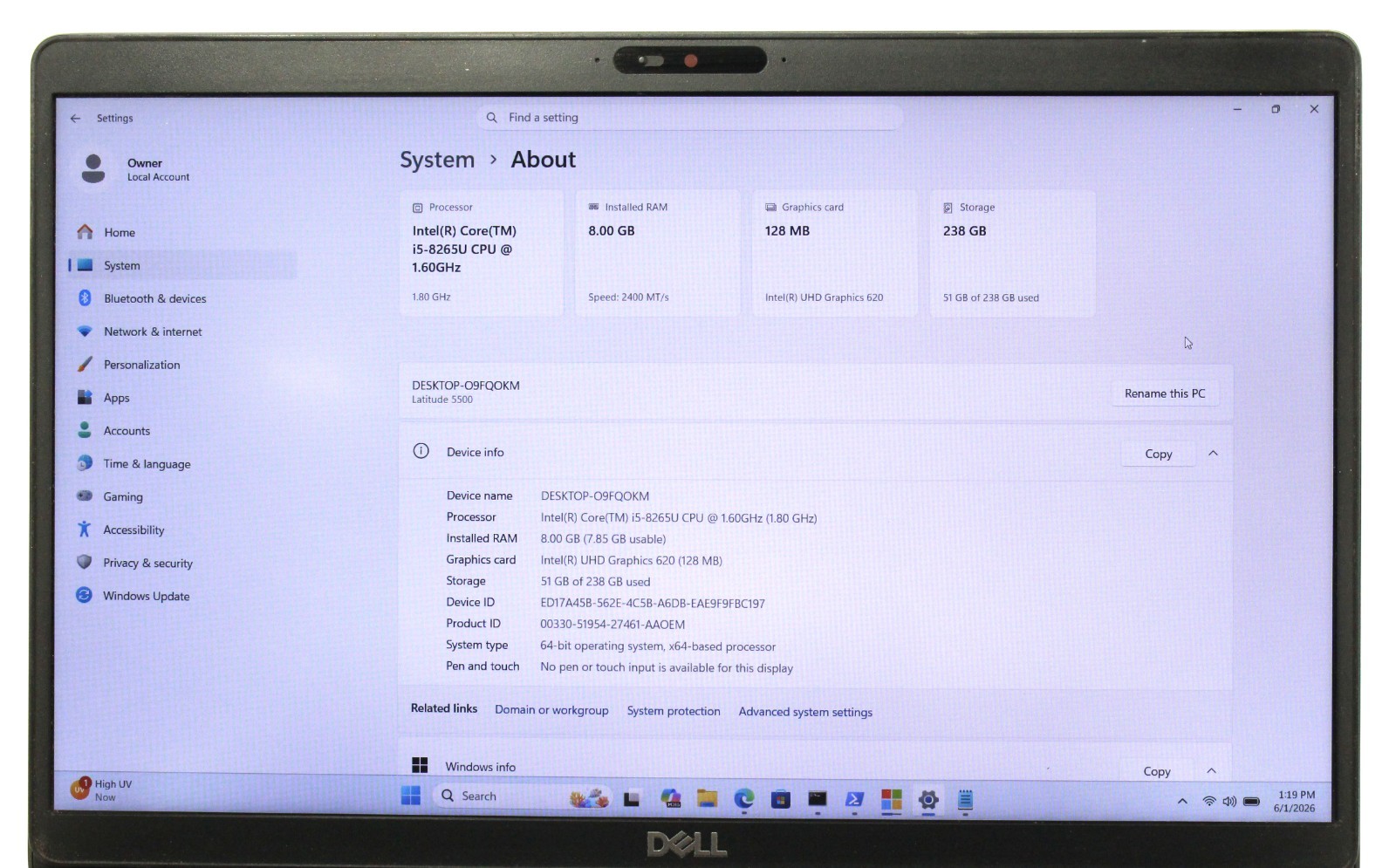 DELL LATITUDE 5500 15.6″ 1.6GHz i5-8265U 256GB SSD 8GB RAM Win 11 Pro ; 6181929
