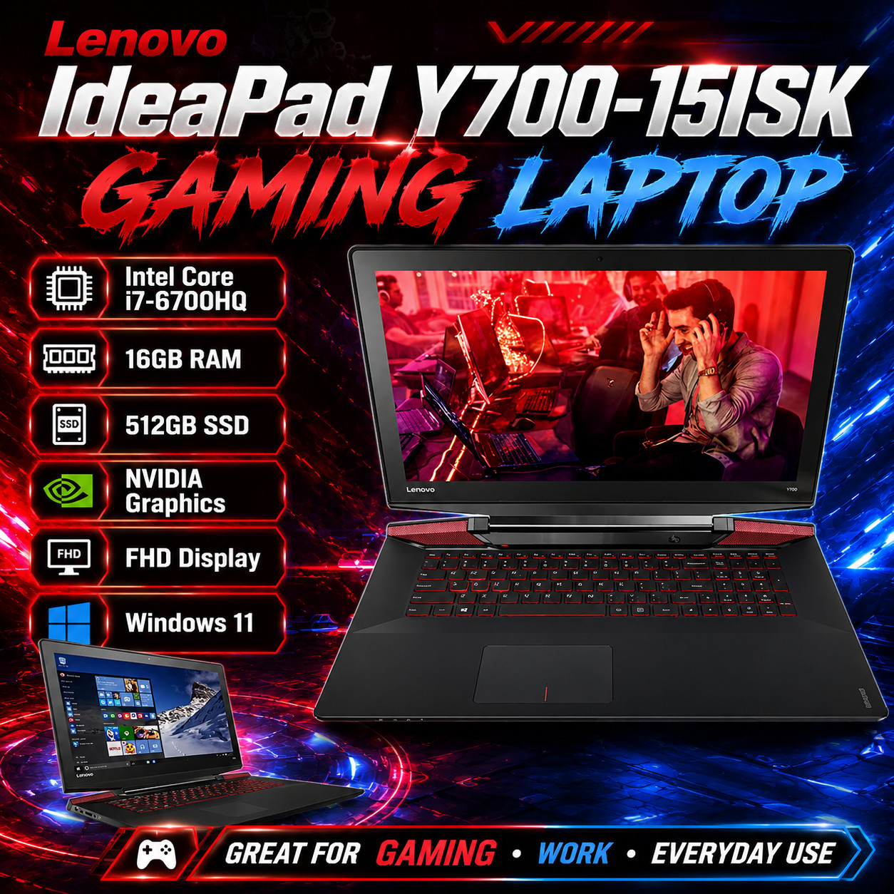 🍀 CLEAN Lenovo IdeaPad Y700-15ISK i7-6700HQ 16GB 512GB nVIDIA FHD Win 11 Gaming