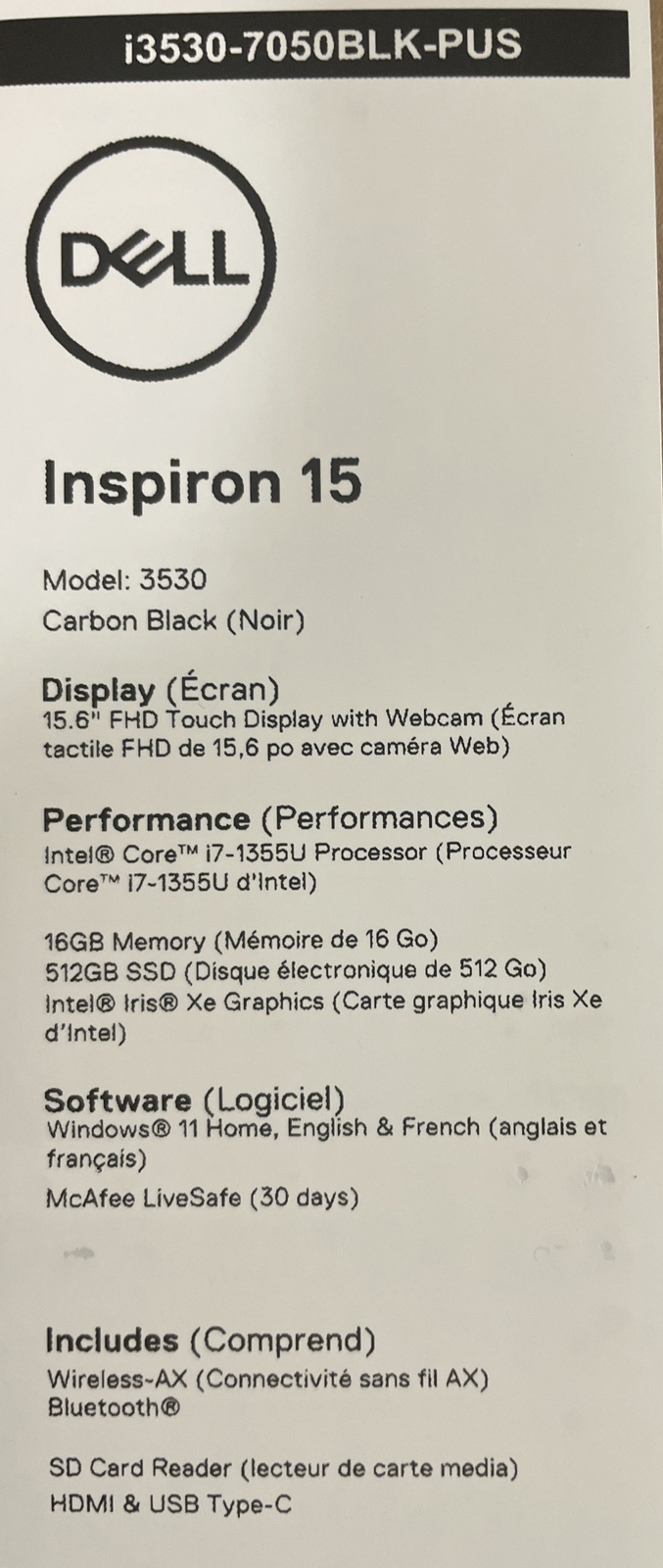 NEW Dell Inspiron 15.6″ Touchscreen Laptop i3530-7050BLK-PUS 16GB RAM 512GB SSD