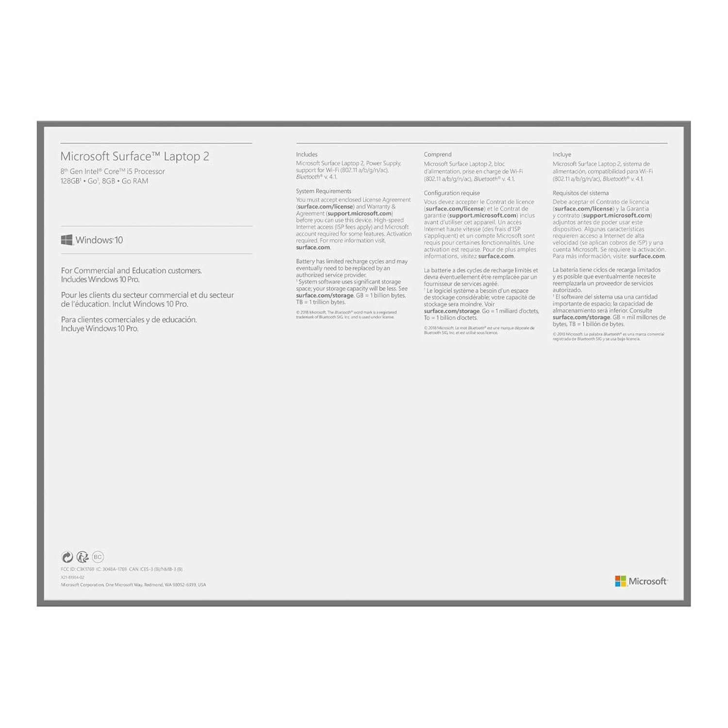 Microsoft Surface Laptop 2 – Intel i5, 8GB RAM, 256GB SSD, W10H