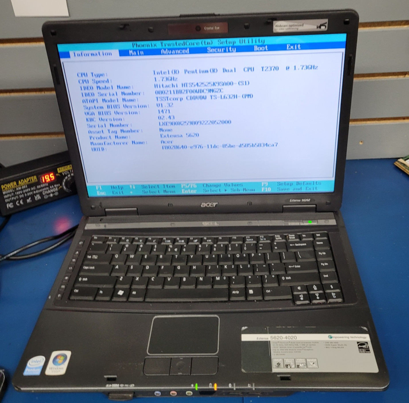 Acer Extensa 5620-4020 Intel Pentium T2370 @1.73GHz No HDD No Charger