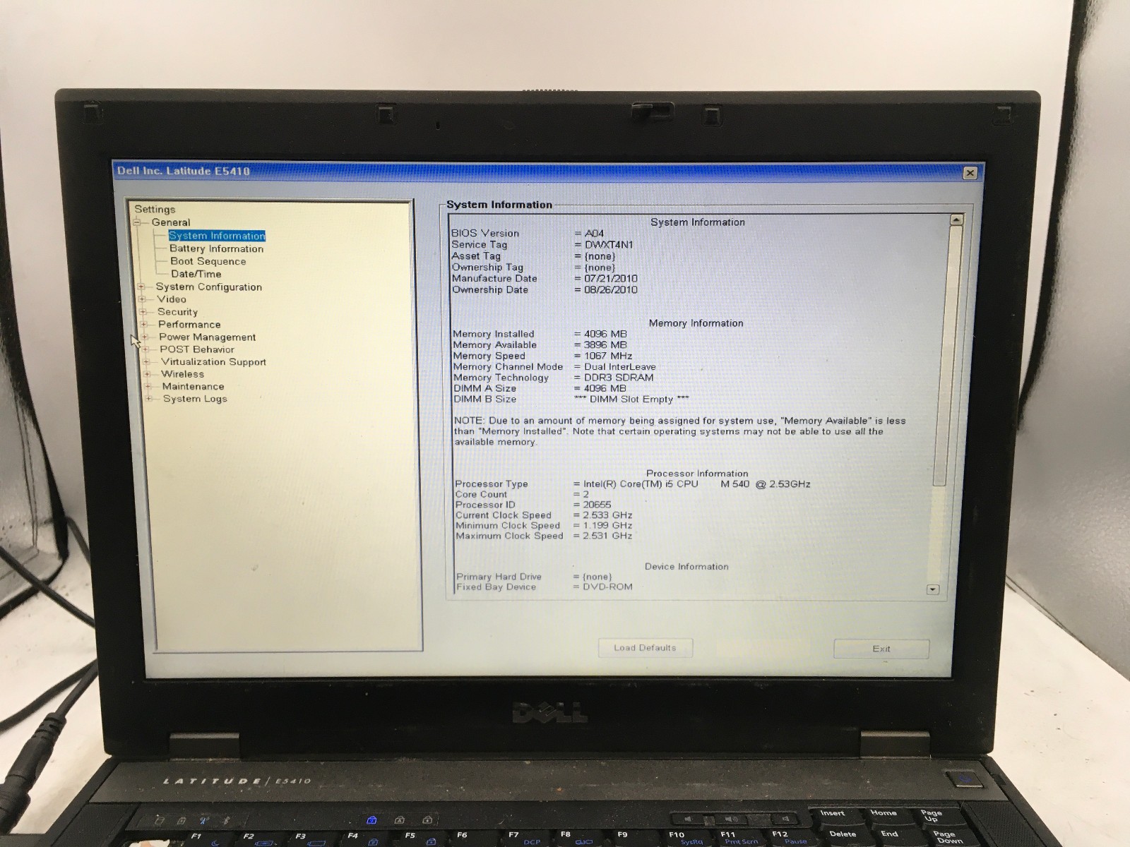 DELL LATITUDE E5410 – BOOTS TO BIOS – INTEL I5 M540 – NO RAM – READ DESCRIP – BB