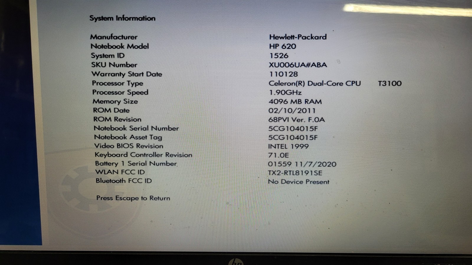 HP 620 Laptop 4 GB RAM Intel Celeron T3100 CPU 1.90 GHz w/ Charger