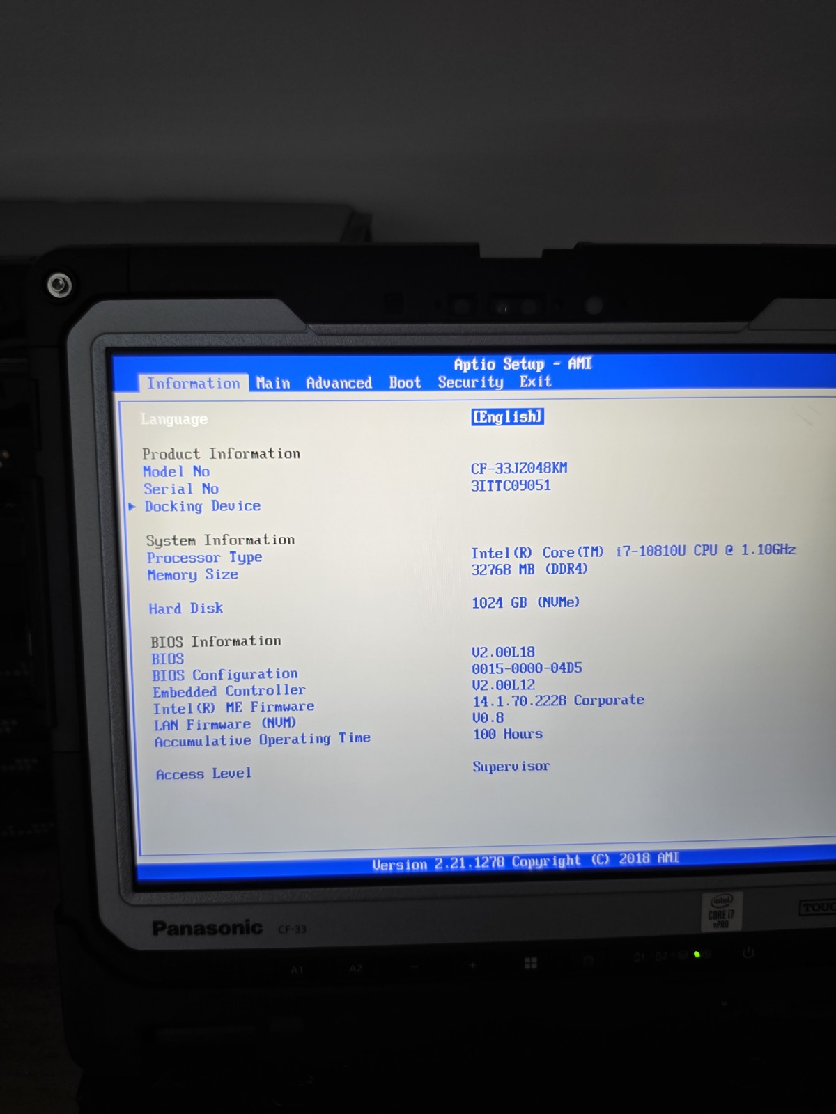 Panasonic Toughbook CF-33 Mk2 i7-10810U 32GB 1TB NVMe 4G LTE Only 100 Hours
