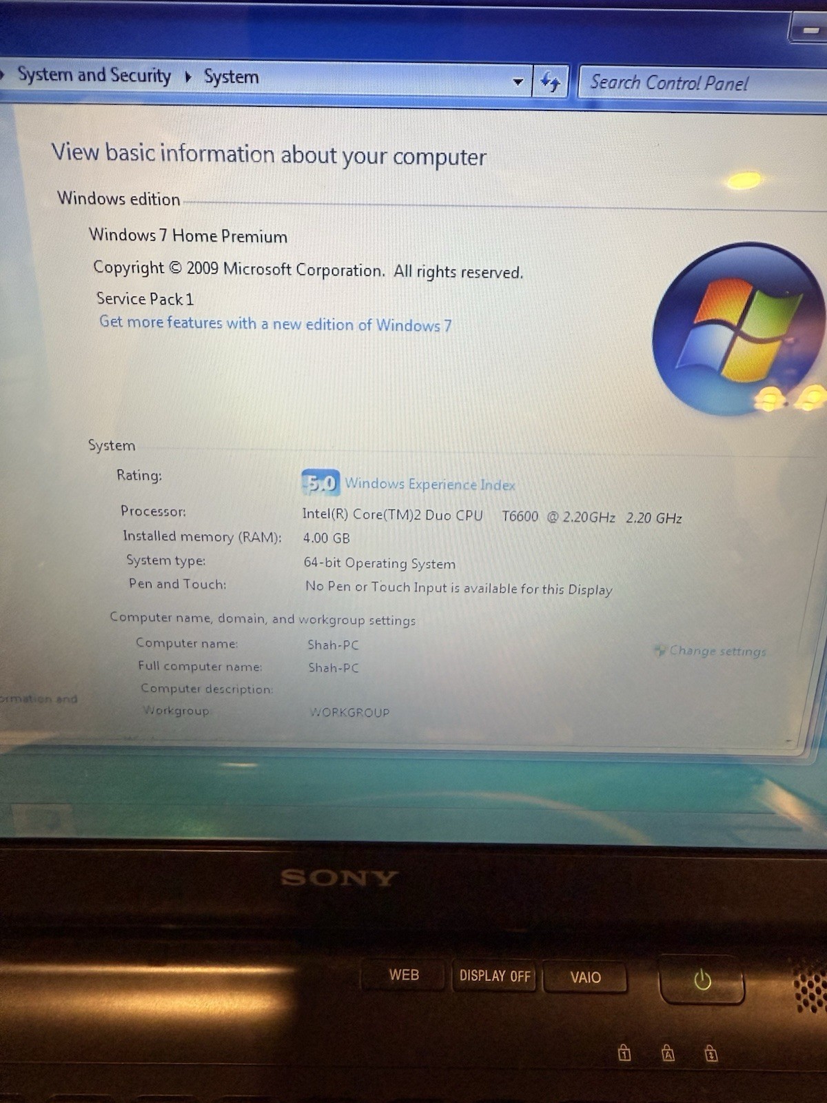 SONY VAIO PCG-61111L LAPTOP- 480GB HDD, 4GB RAM, INTEL T6600 2.20 GHz, WINDOWS 7