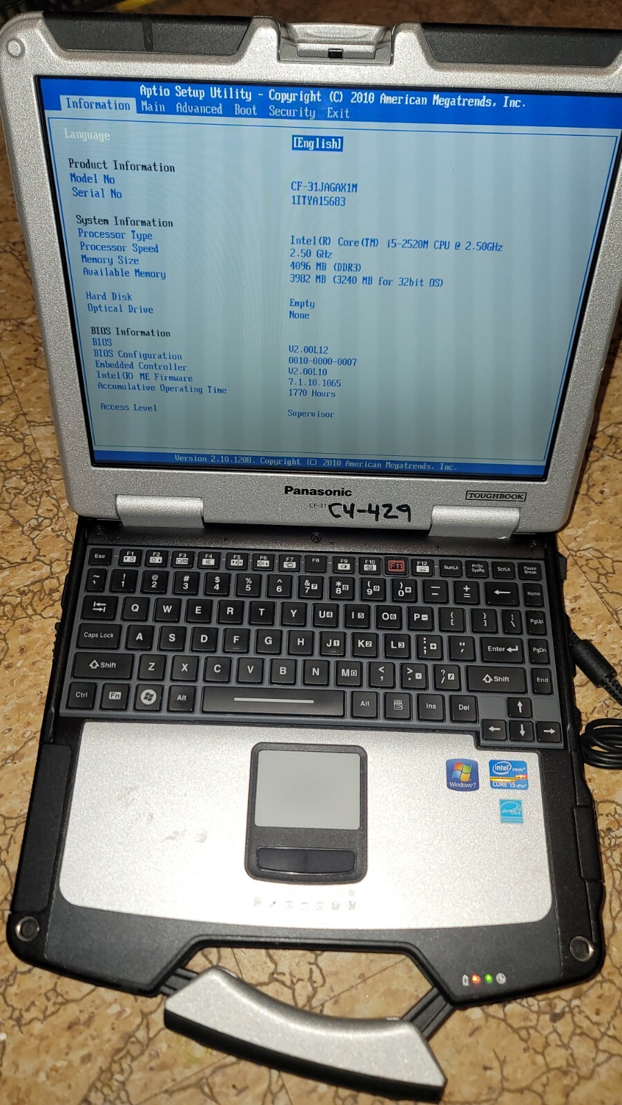 Panasonic Toughbook CF-31 (Intel i5-M520 2.40GHz,4GB) Laptop NO HDD/CADDY 1770HR