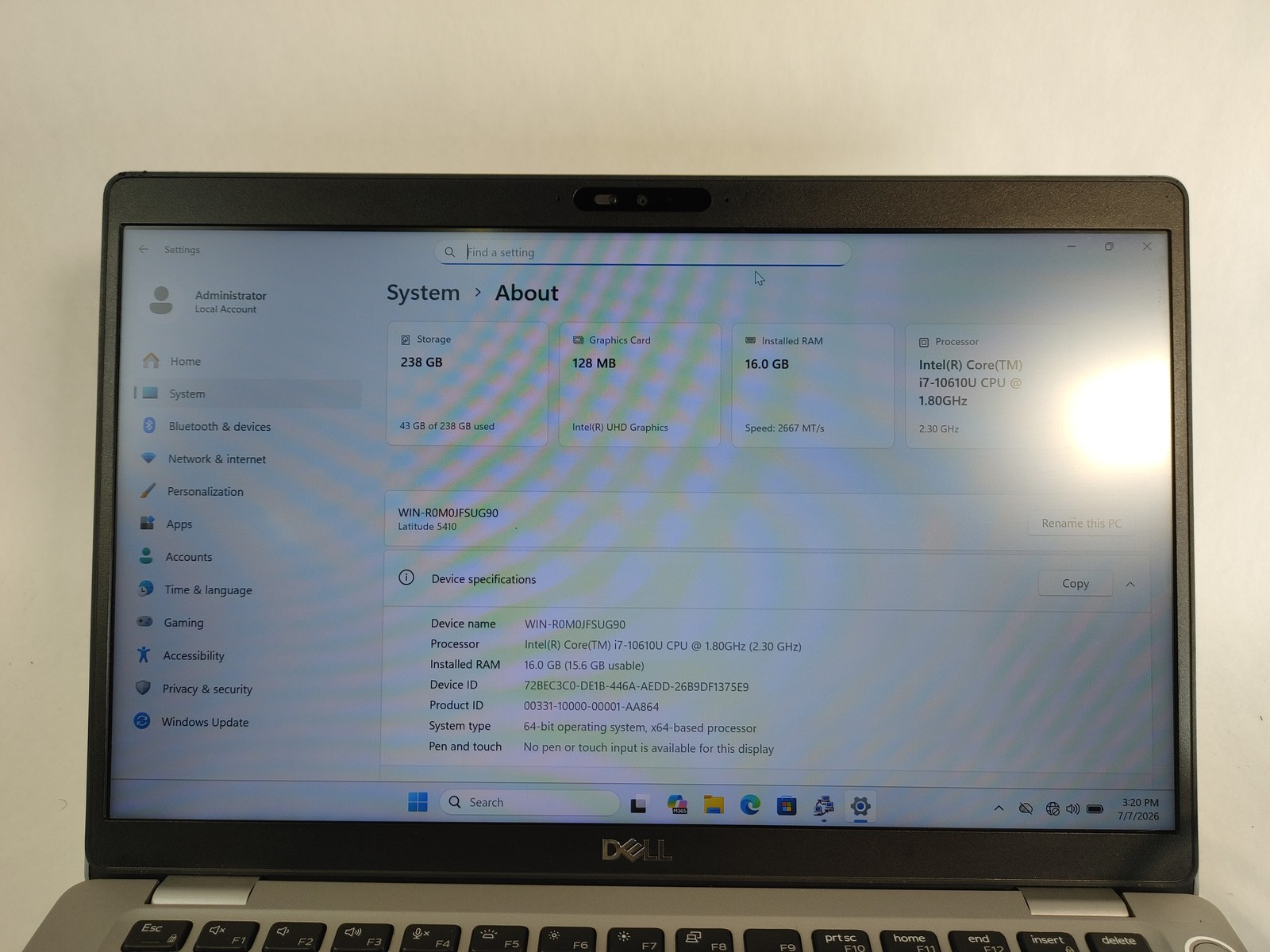Dell Latitude 5410 Core i7-10610U 1.80 GHz 16 GB DDR4 256 GB M.2 Windows 11 Pro