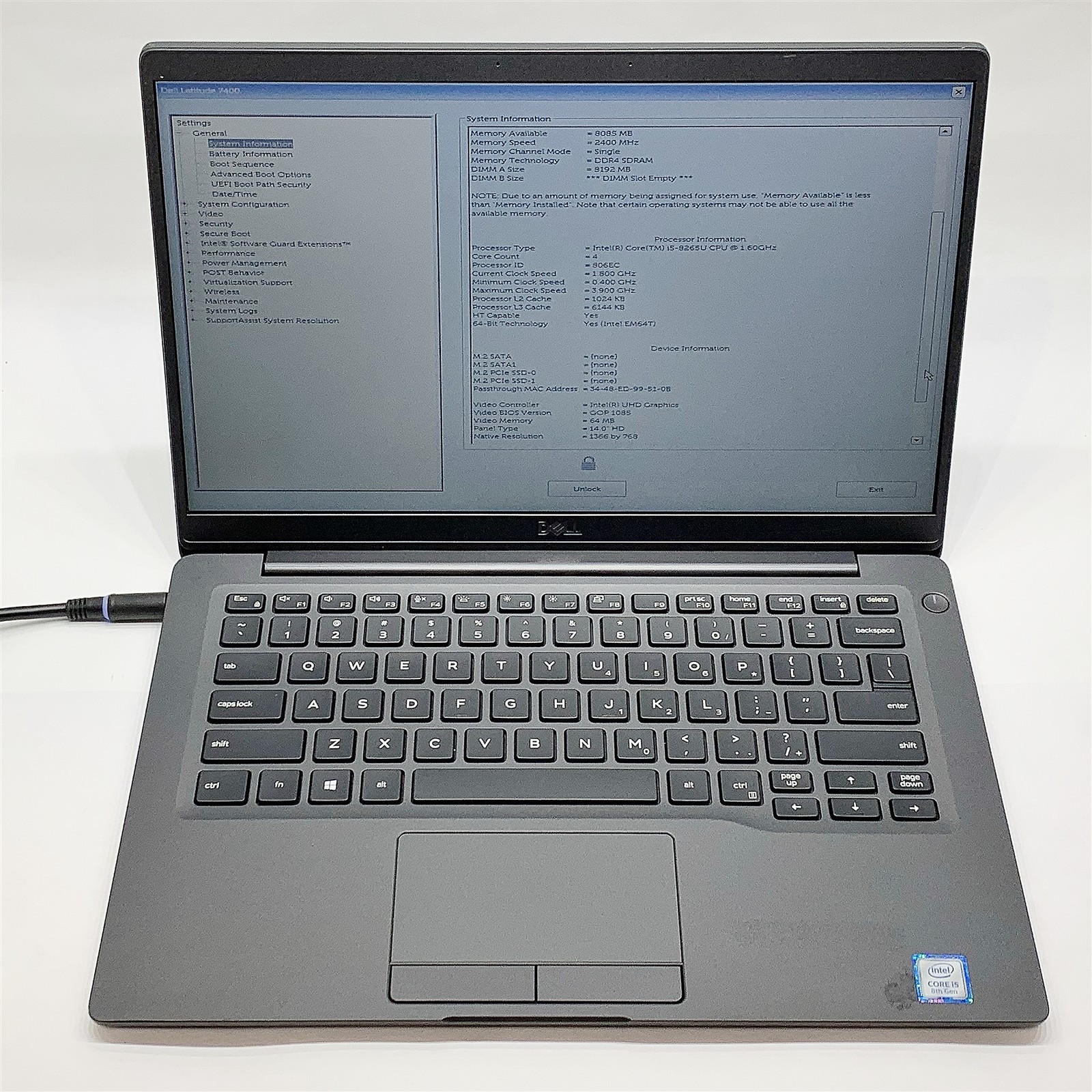 Dell Latitude 7400 Laptop i5 8265U 1.60GHZ 14″ HD 8GB NO HDD/BATT BIOS LOCKED