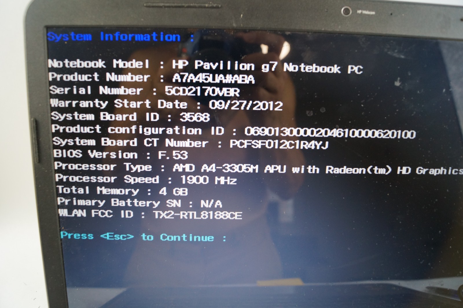 HP Pavilion G7-1358DX 17.25″ 4 GB Mem 1.9 GHz NO HD No Battery WORKING PoR C151