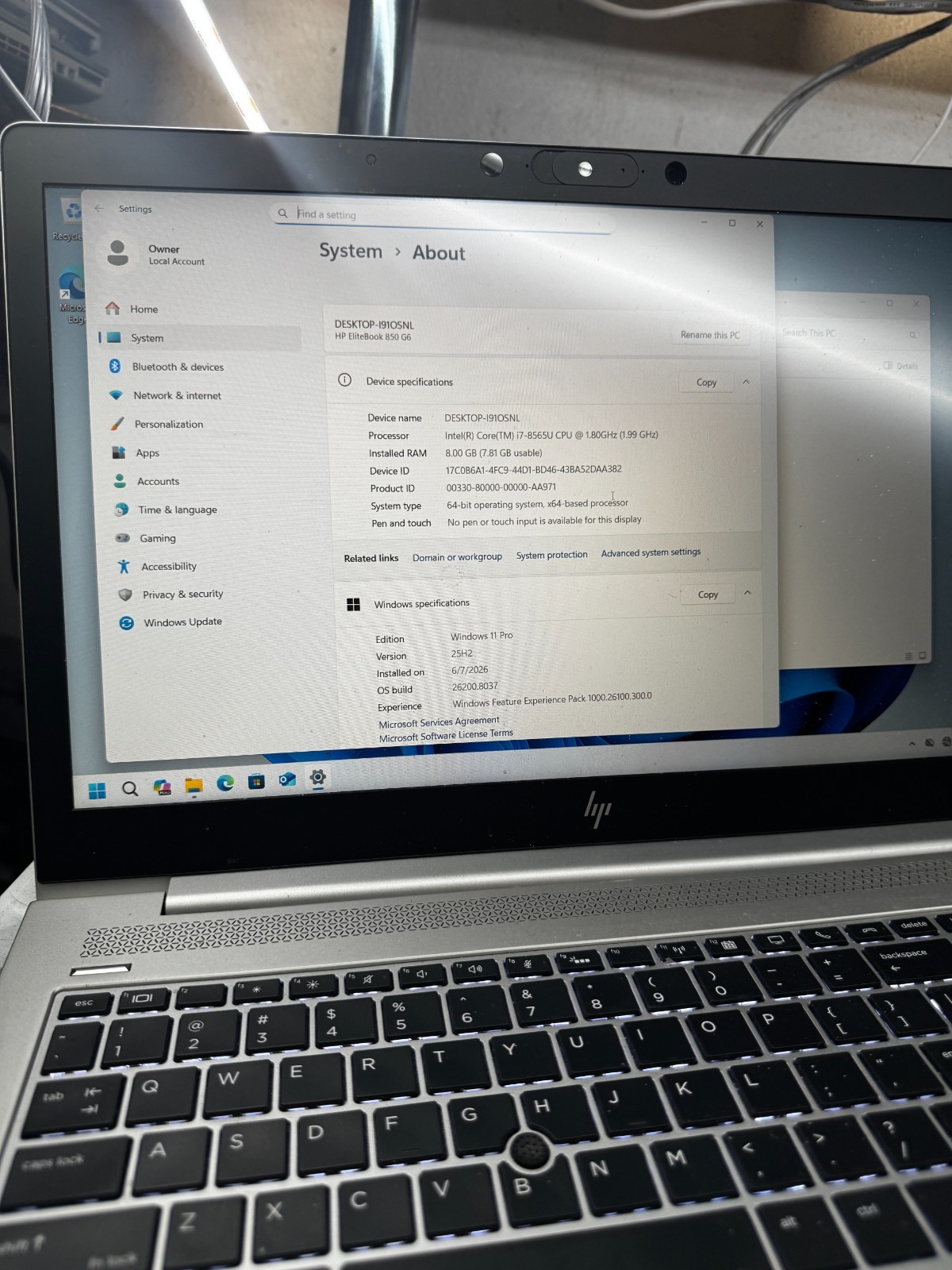 HP EliteBook 850 G6 i7-8565U, 8GB RAM, 256GB SSD, Win11 PRO #6131