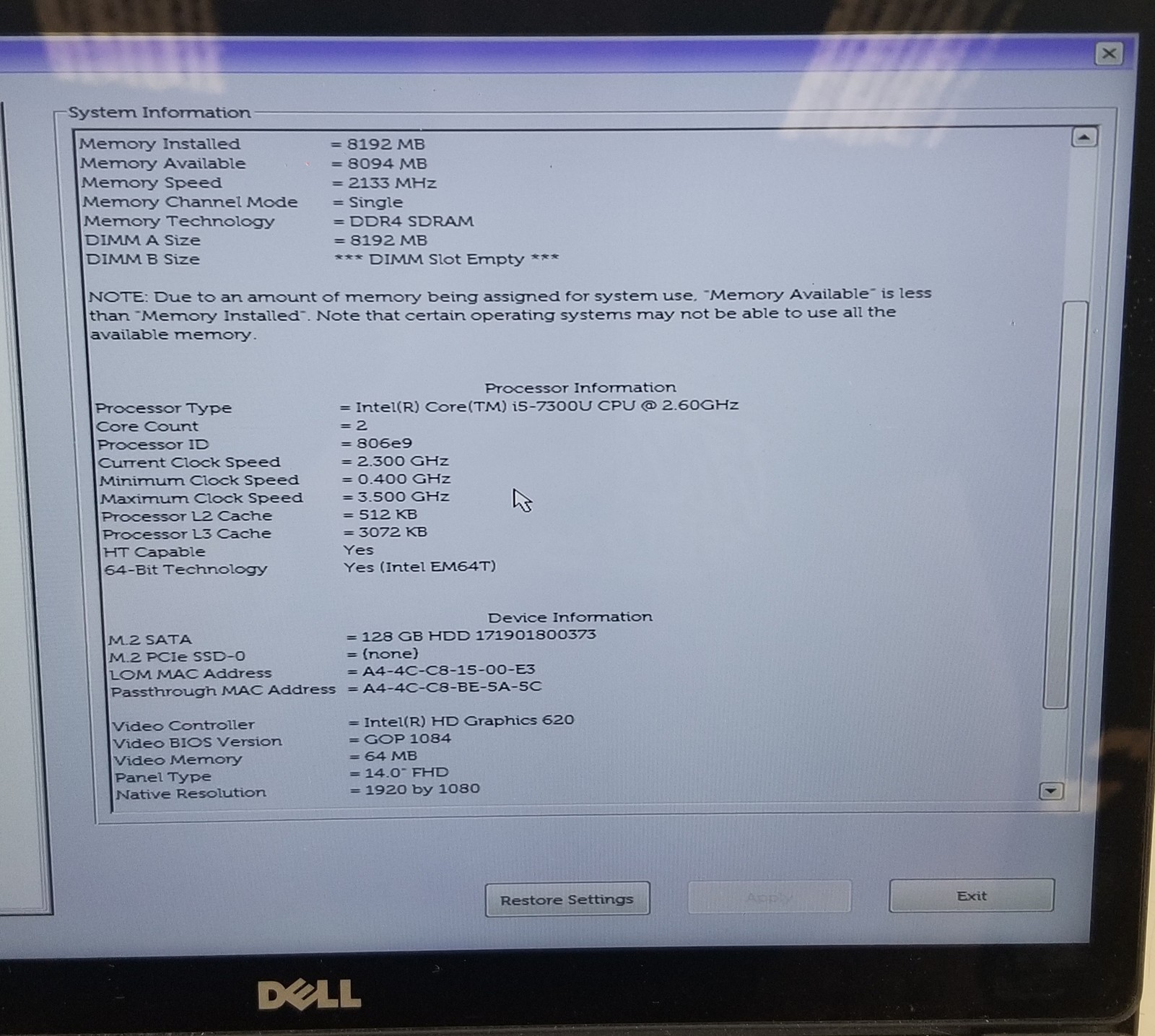Dell Latitude 7480 i5-7300U @ 2.60GHz 8GB 128GB SSD WIN 11 PRO