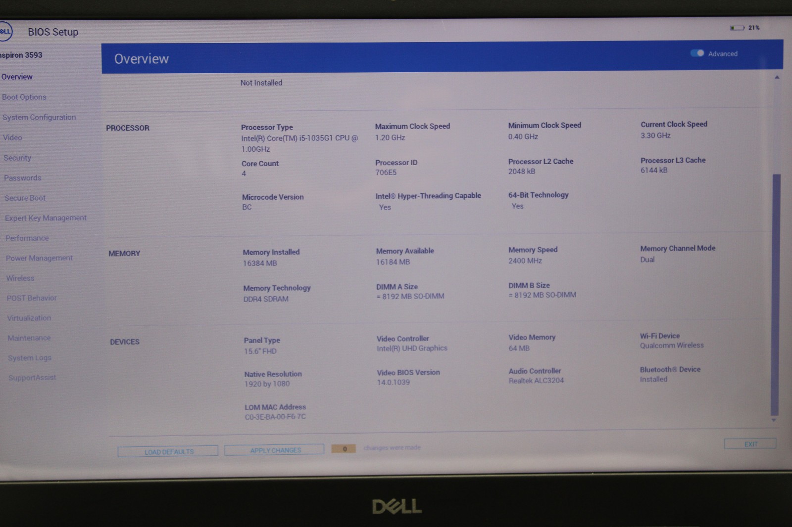 Dell Inspiron 3593 Touch i5-1035G1 16GB RAM No SSD No OS