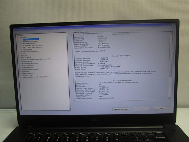 Dell Precision 5540 Laptop i7-9850H 16GB No Storage Win10 Pro COA