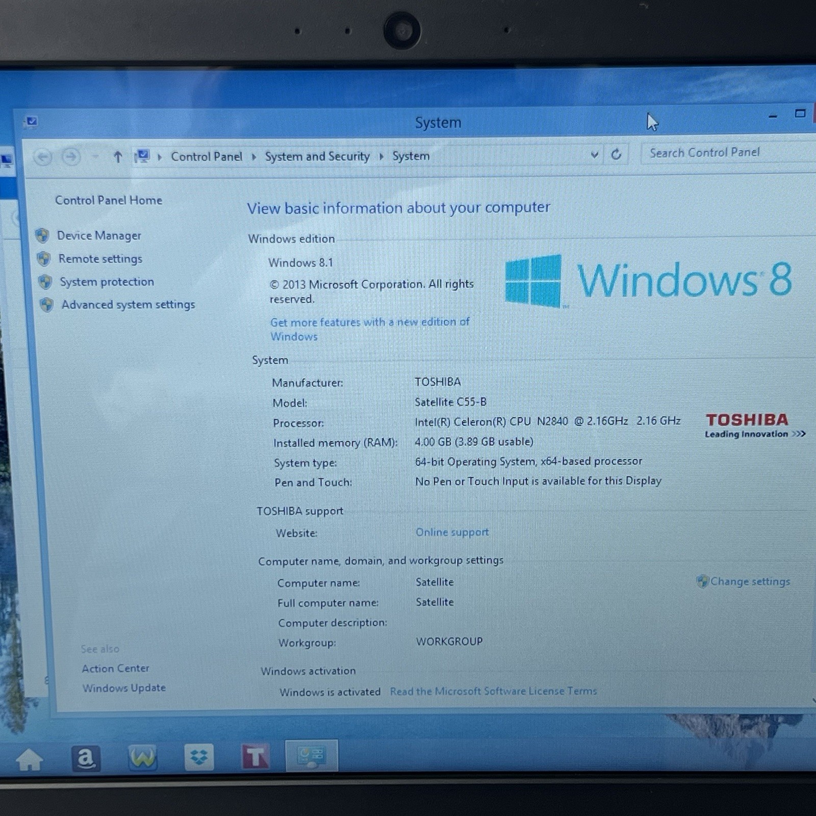Toshiba Satellite C55-B5101 15.6″ N2840 4GB 500GB Win 8.1 READ Description!