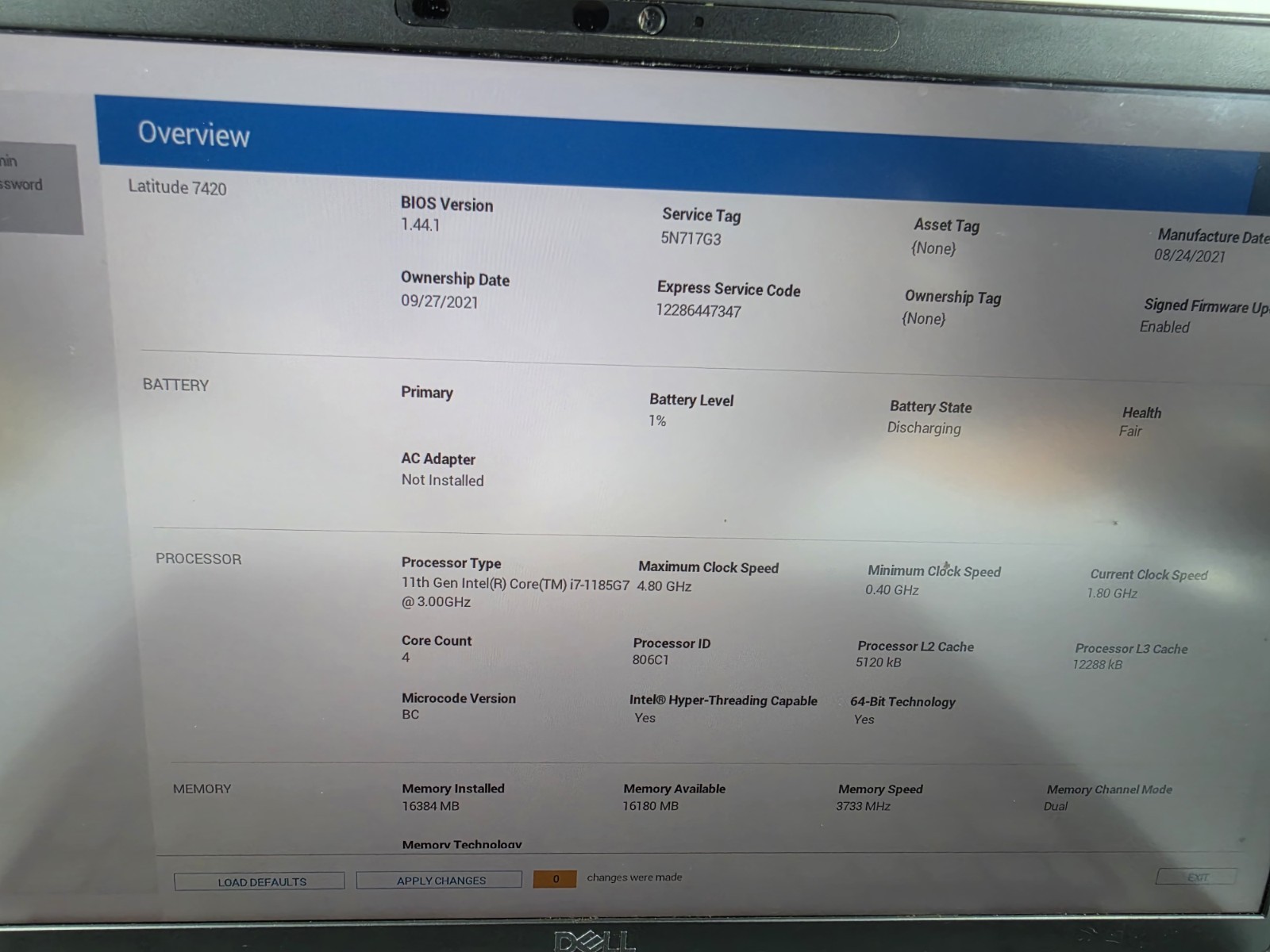 Dell Latitude 7420 FHD i7-1185G7 3.0GHz 16GB Ram No SSD–NO OS