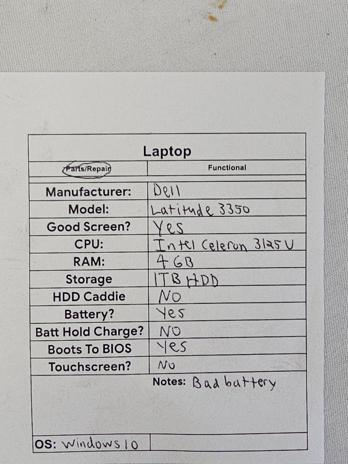 Dell Latitude 3350 Laptop – Celeron 3125u 4GB RAM – 1TB HDD – BAD BATT – Win 10