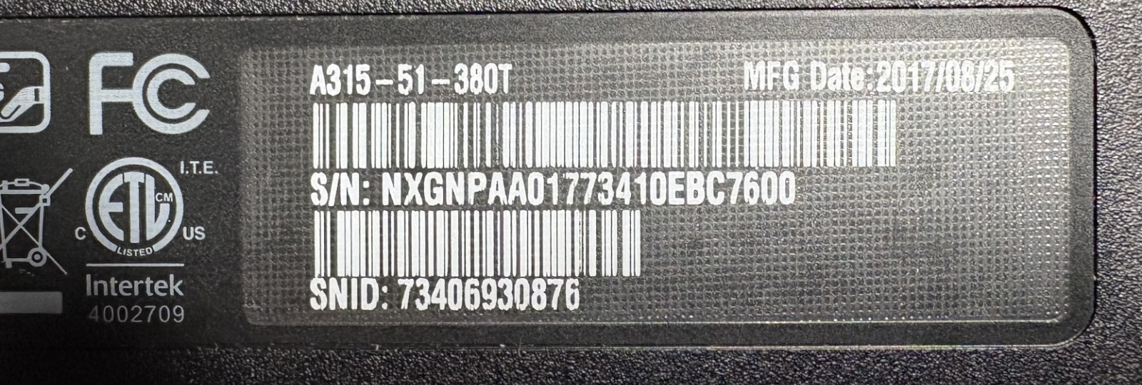 ACER ASPIRE 3 A315-51-380T Intel Core i3-7100U@2.40GHz 12GB DDR4 RAM 1TB HDD