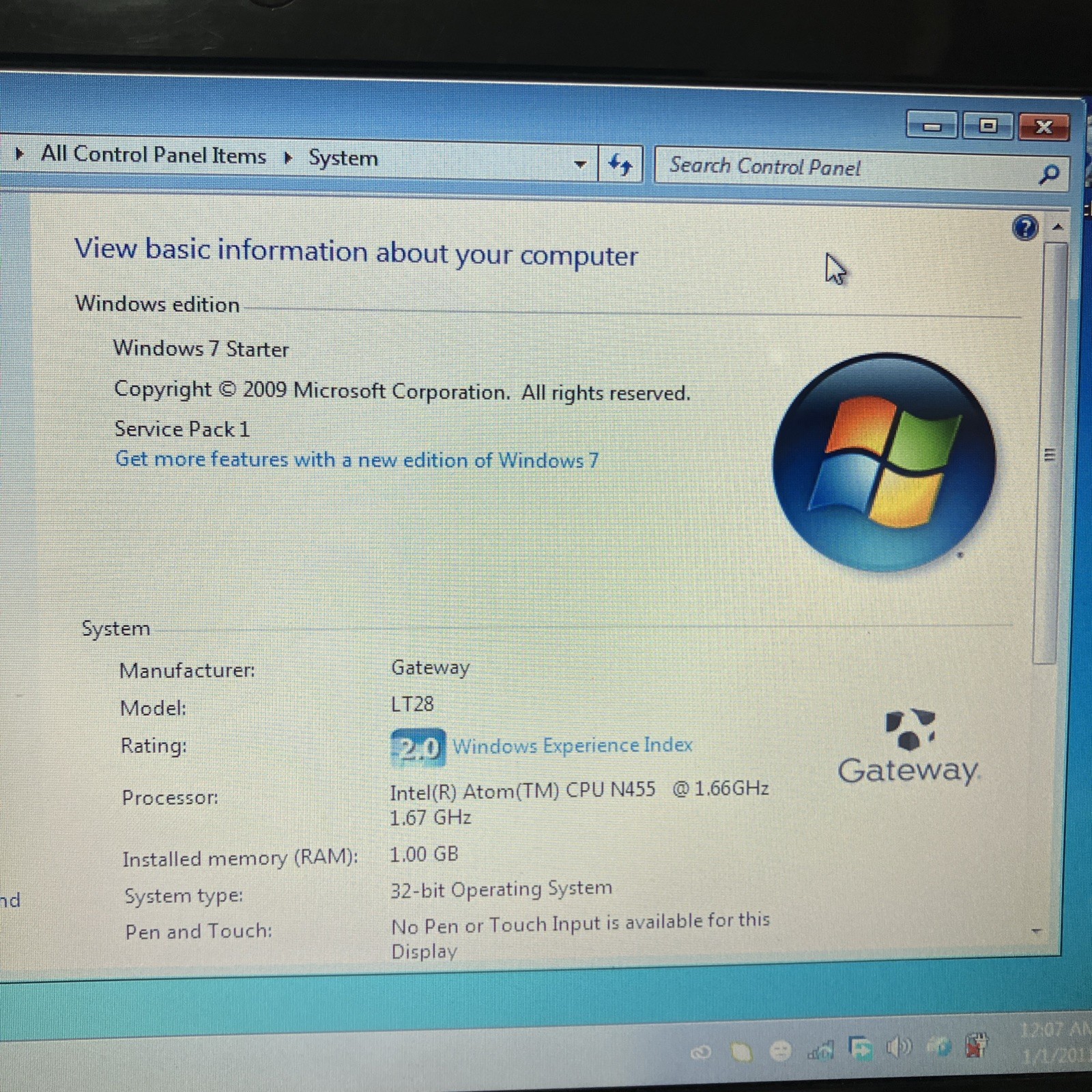 Gateway ZE6 10.1″ Netbook Laptop Windows 7 1.66Ghz 1GB Ram **NO CHARGER
