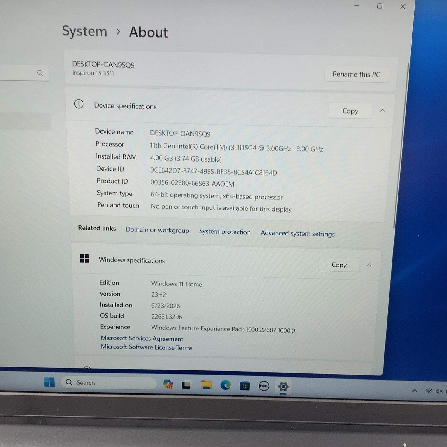 Dell Inspiron OAN9SQ9 15.3″ i3-1115G4 3.0GHz 4GB RAM 128GB SSD