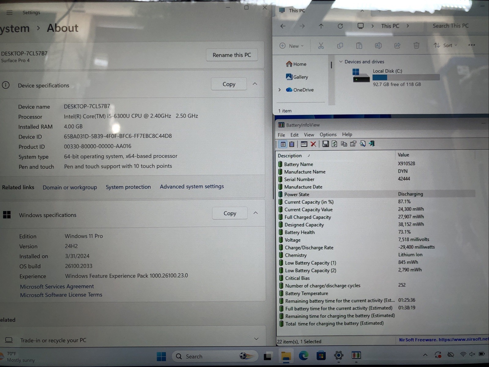 Microsoft Surface Pro 4, Intel Core i5-6300U @2.40Ghz, 4GB RAM, 128GB SSD, W11P