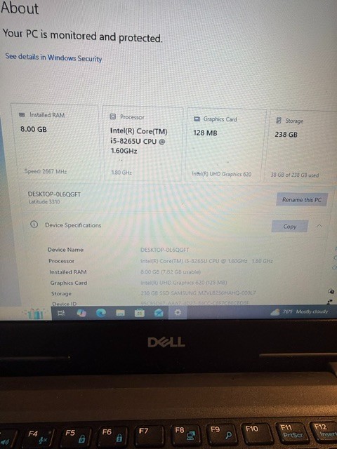 Dell Latitude 3310 i5-8265U 256GB SSD 8GB RAM (No Charger Included)