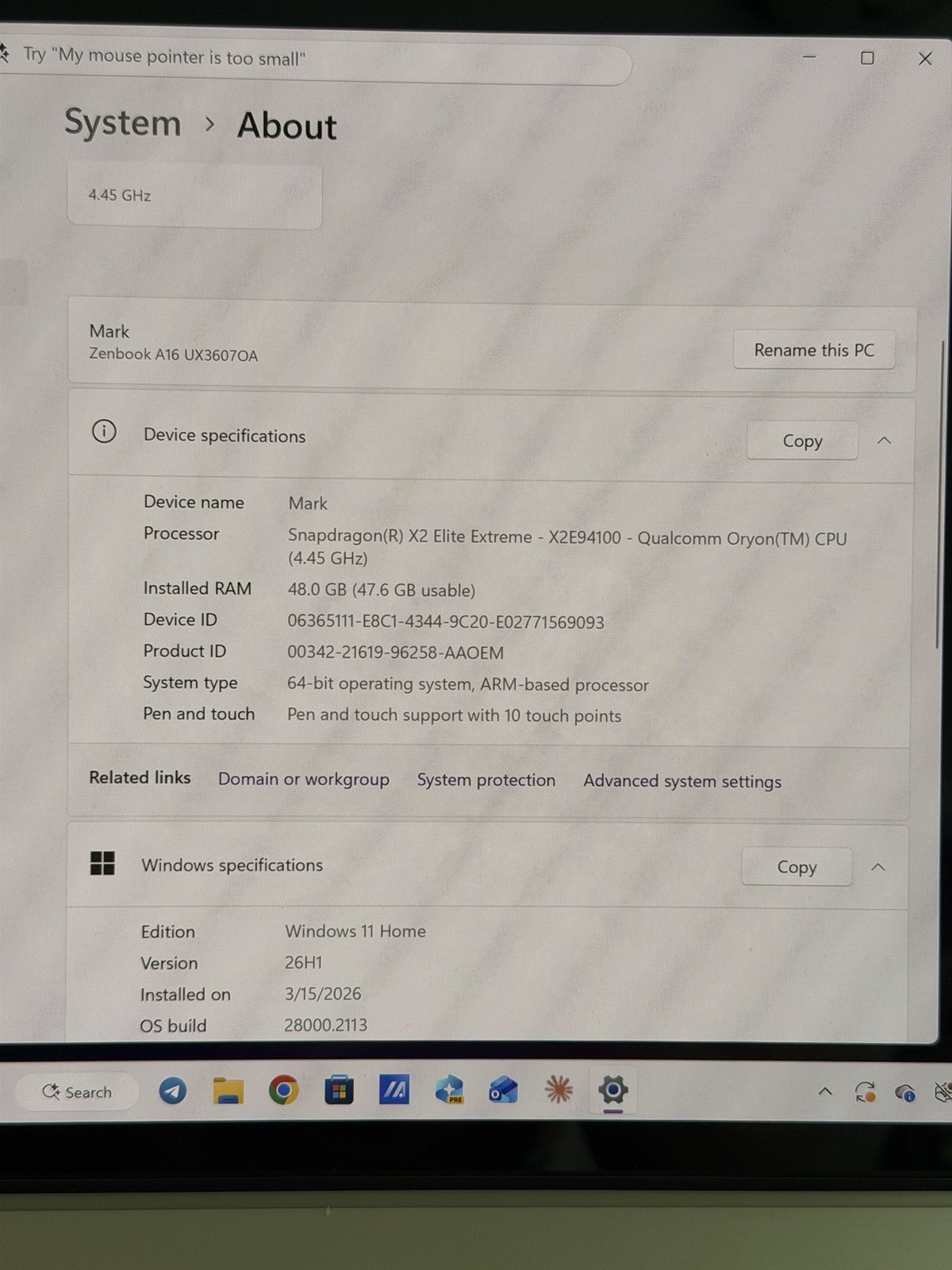 ASUS Zenbook A16 Snapdragon X2 Elite Extreme. 48GB RAM / 1TB SSD / Glass display