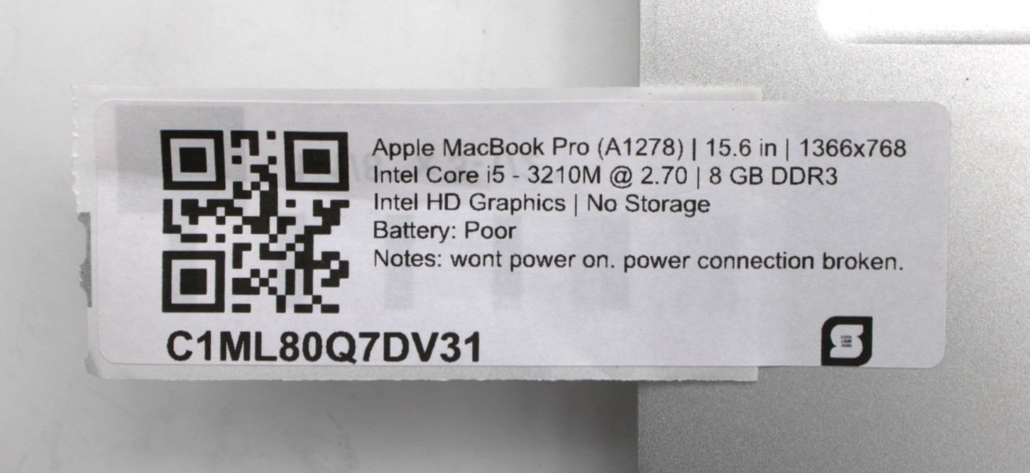 Apple MacBook ProA1278 i5-3210M@2.7GHz 8GB DDR3 NO STORAGE OR OS *PARTS/REPAIR*