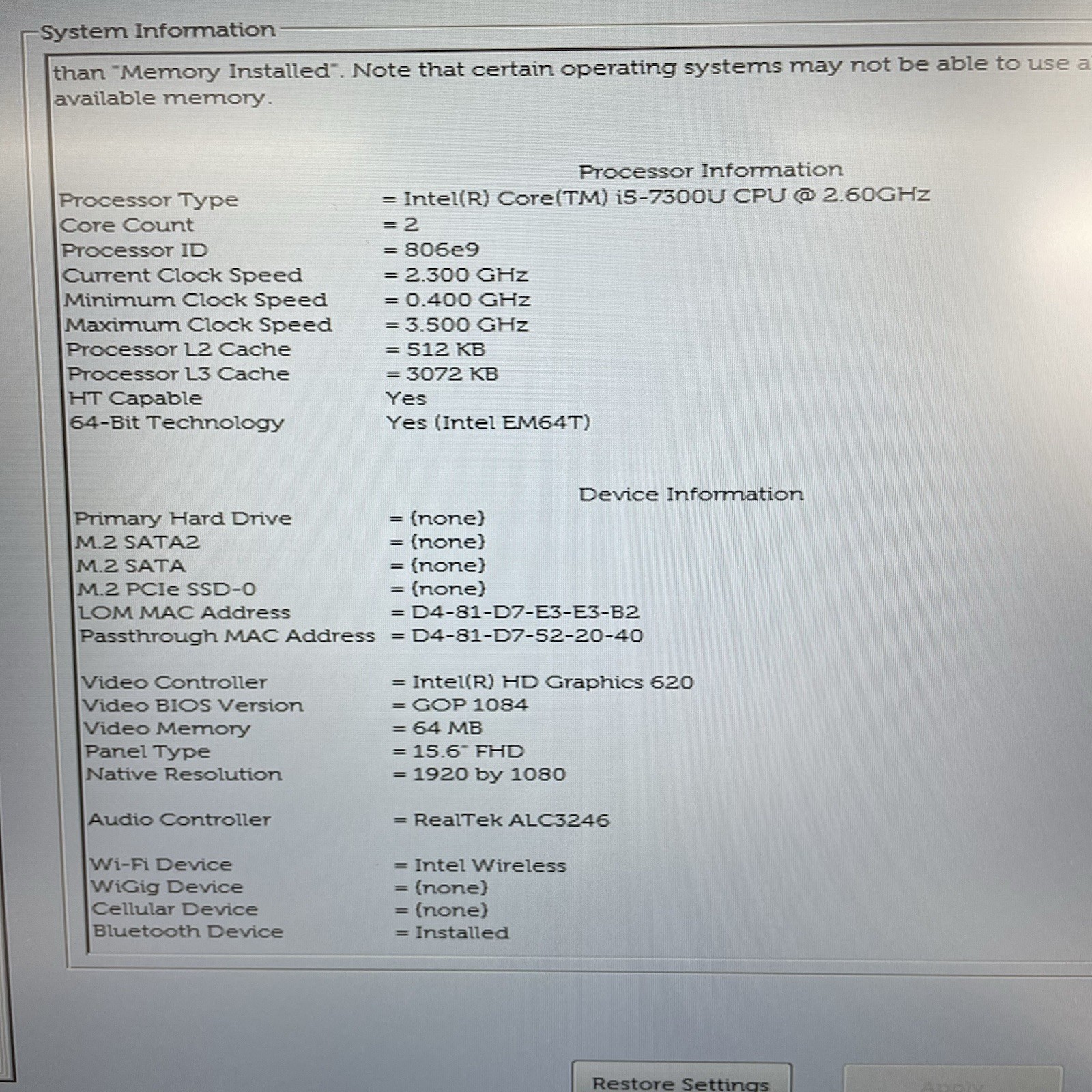 Dell Latitude 5580 15.6″ i5-7300U 2.60 GHz 8 GB RAM No SSD/OS/Batt – Bad Corner